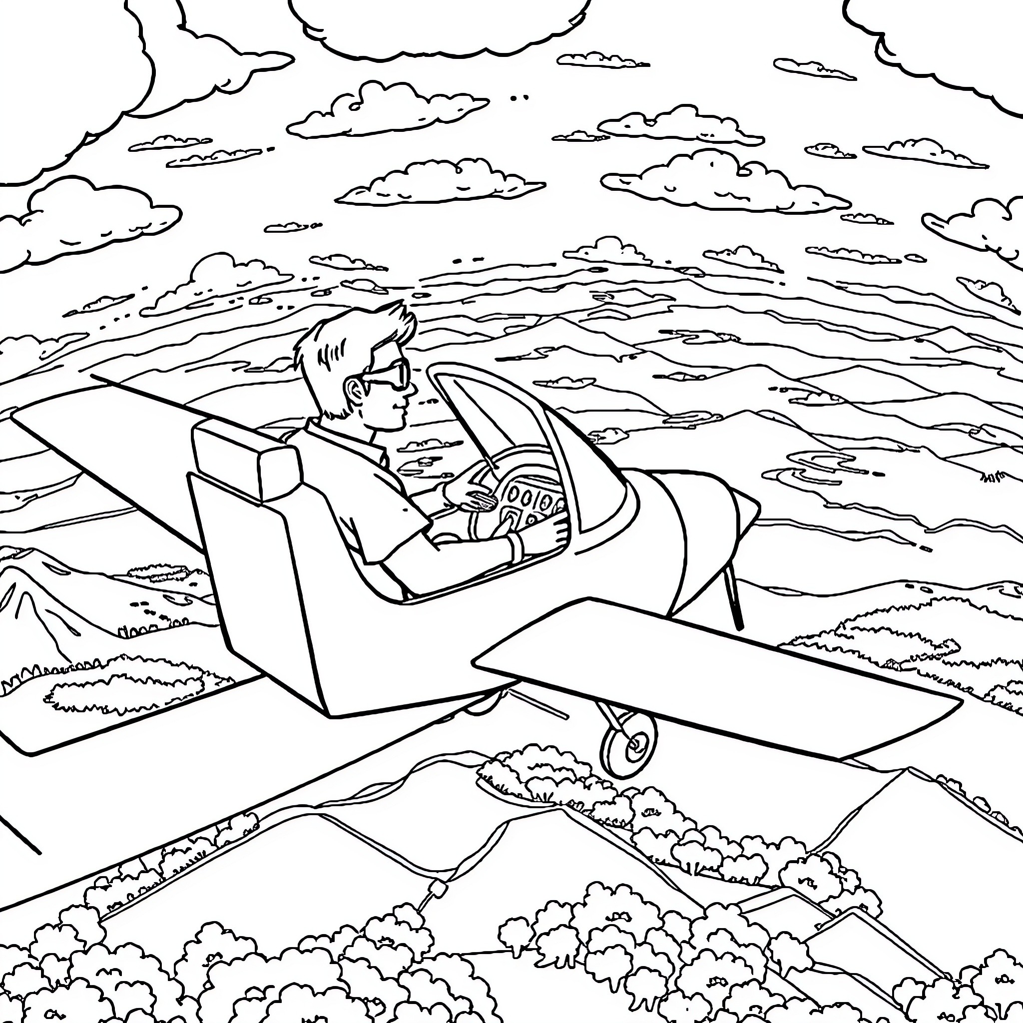 Steve soaring through the skies in his aircraft Coloring Page (free black-and-white line drawing printable PDF for all, from beginners to advanced learners, including children, teens, adults, and seniors)