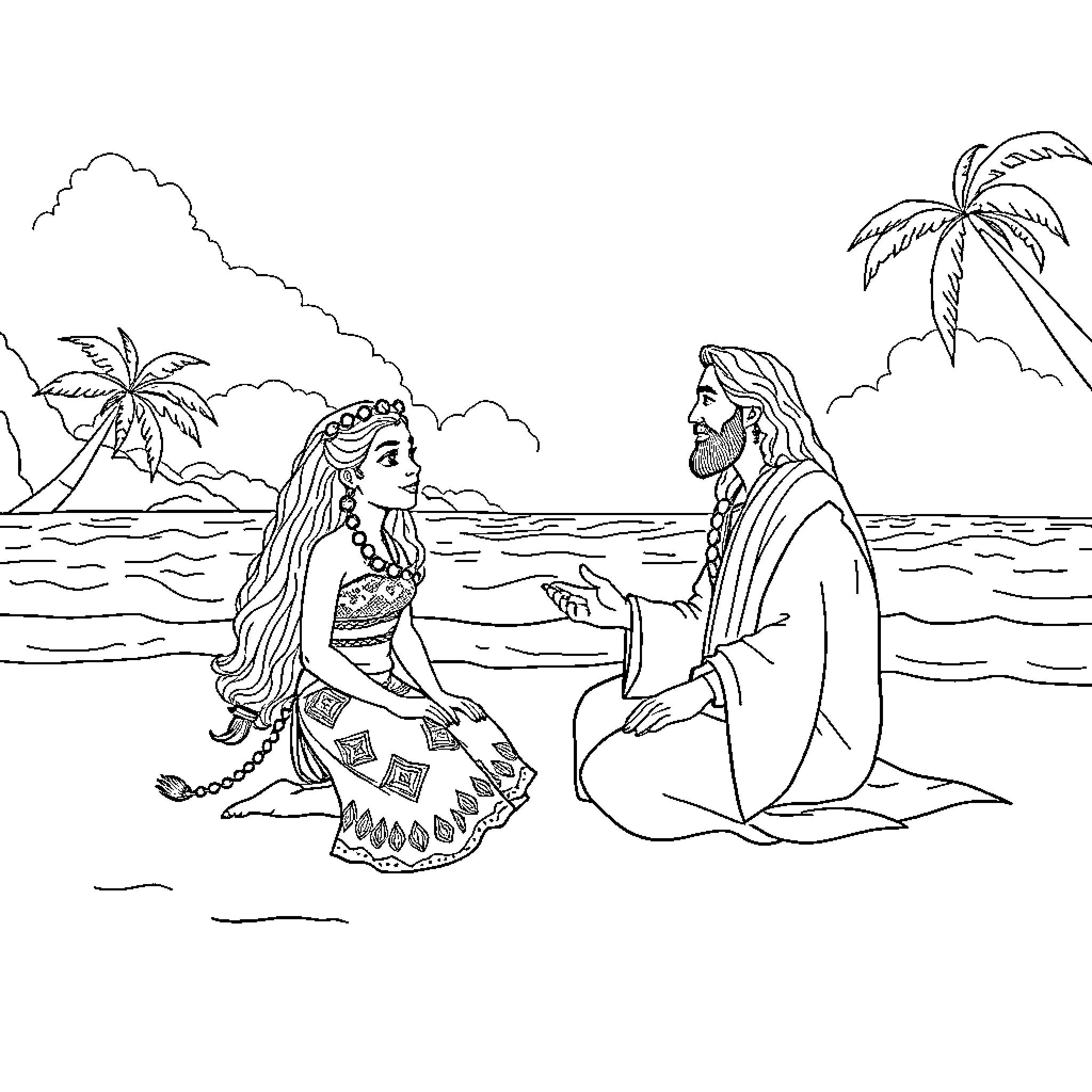Moana and the Wise Stranger on the Beach Coloring Page (free black-and-white line drawing printable PDF for all, from beginners to advanced learners, including children, teens, adults, and seniors)