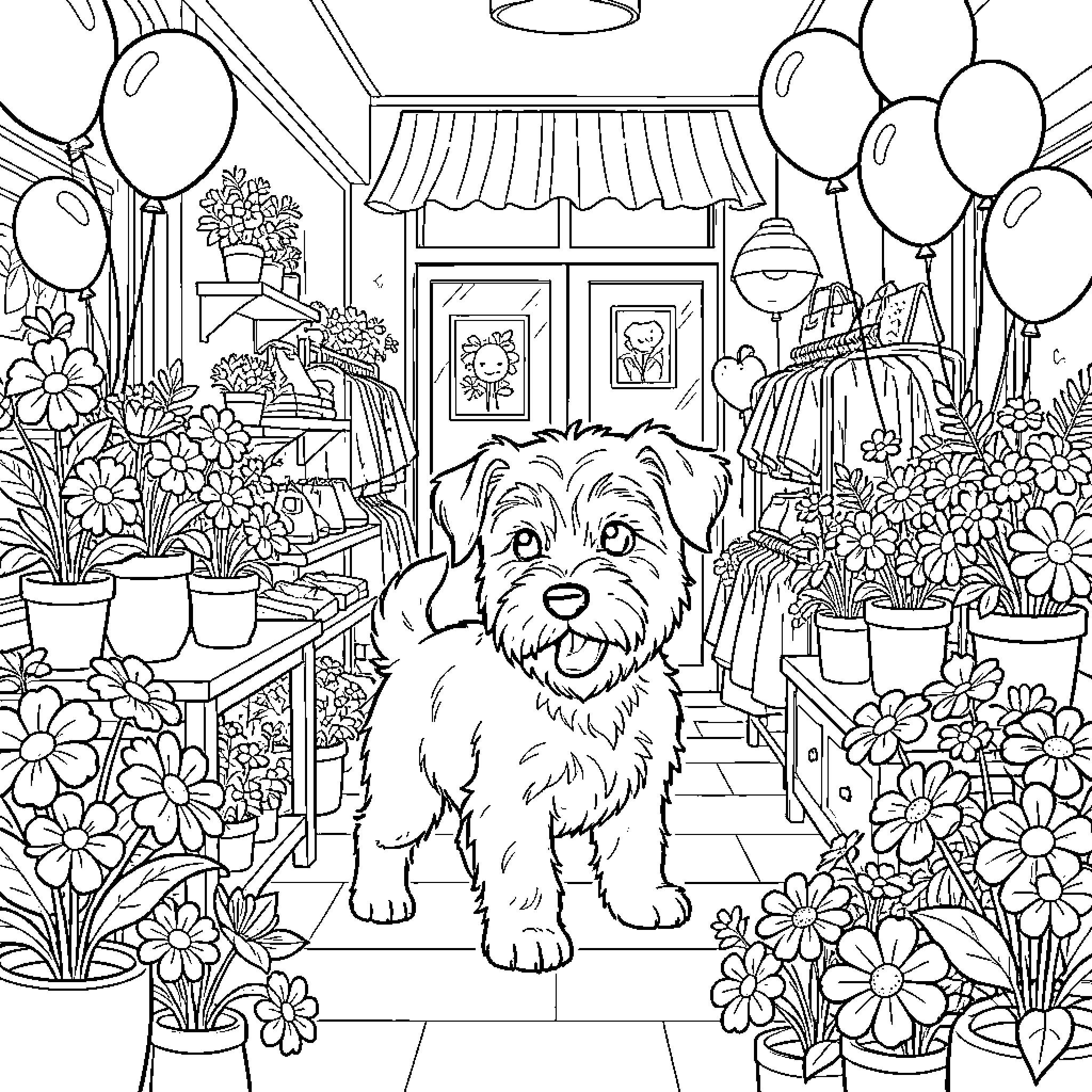 Stafford Terrier enjoying the festive floral scenery Coloring Page (free black-and-white line drawing printable PDF for all, from beginners to advanced learners, including children, teens, adults, and seniors)