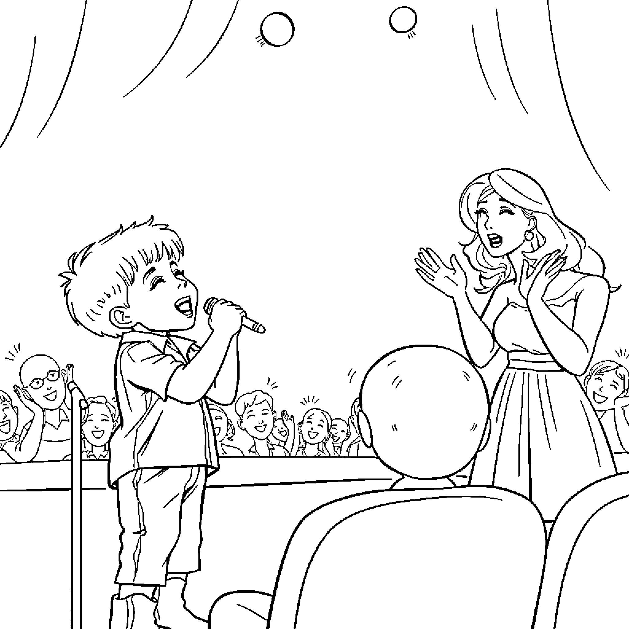 Boy sings on stage with woman in audience Coloring Page (free black-and-white line drawing printable PDF for all, from beginners to advanced learners, including children, teens, adults, and seniors)