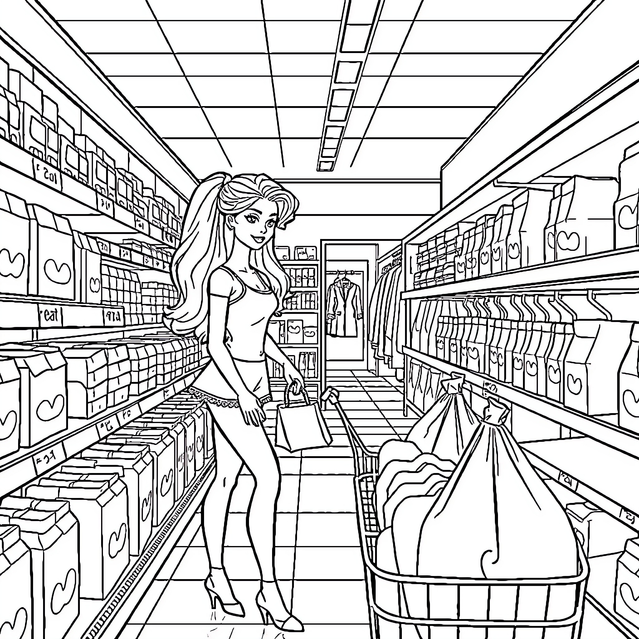 Barbie Shopping Happily in Supermarket Coloring Page (free black-and-white line drawing printable PDF for all, from beginners to advanced learners, including children, teens, adults, and seniors)