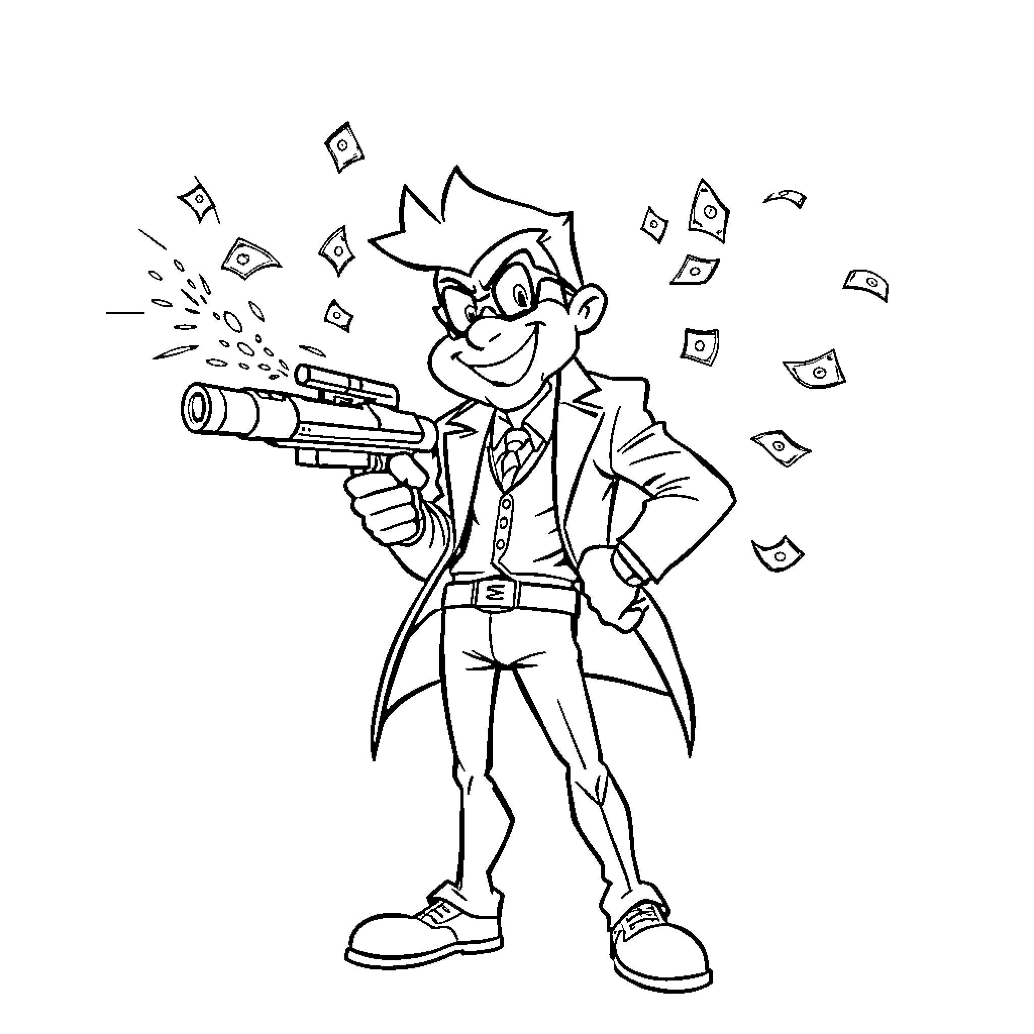 Gambit wielding a gun and surrounded by money Coloring Page (free black-and-white line drawing printable PDF for all, from beginners to advanced learners, including children, teens, adults, and seniors)