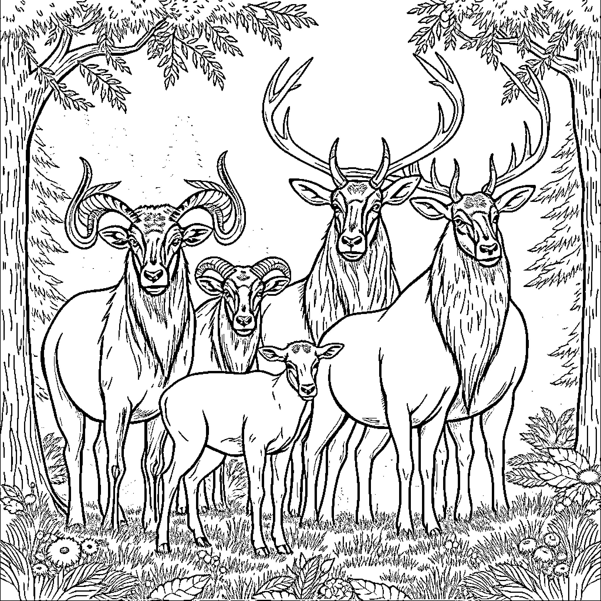 Mouflon herd in the forest Coloring Page (free black-and-white line drawing printable PDF for all, from beginners to advanced learners, including children, teens, adults, and seniors)