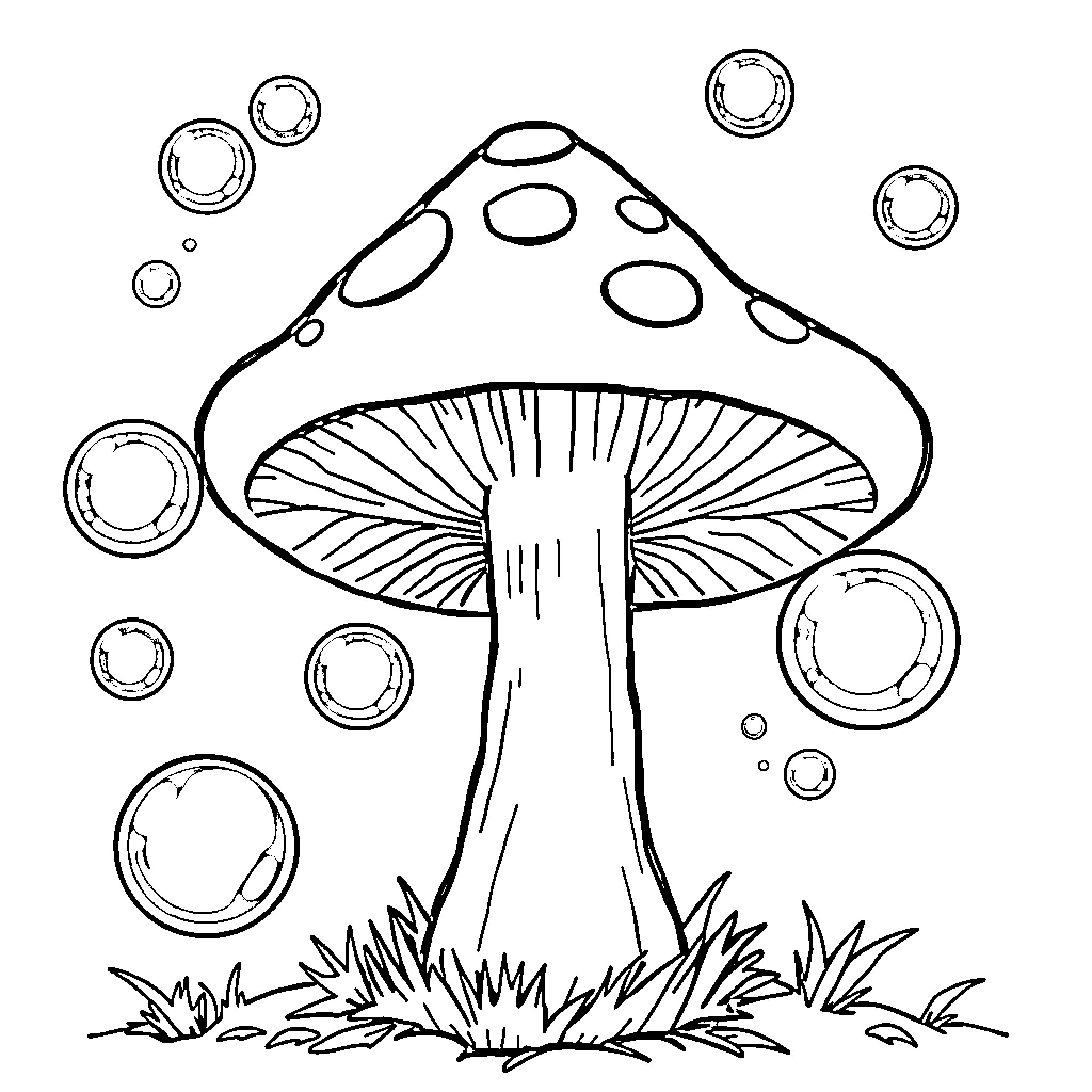 Mushroom Surrounded by Bubbles and Grassy Scenery Coloring Page (free black-and-white line drawing printable PDF for all, from beginners to advanced learners, including children, teens, adults, and seniors)