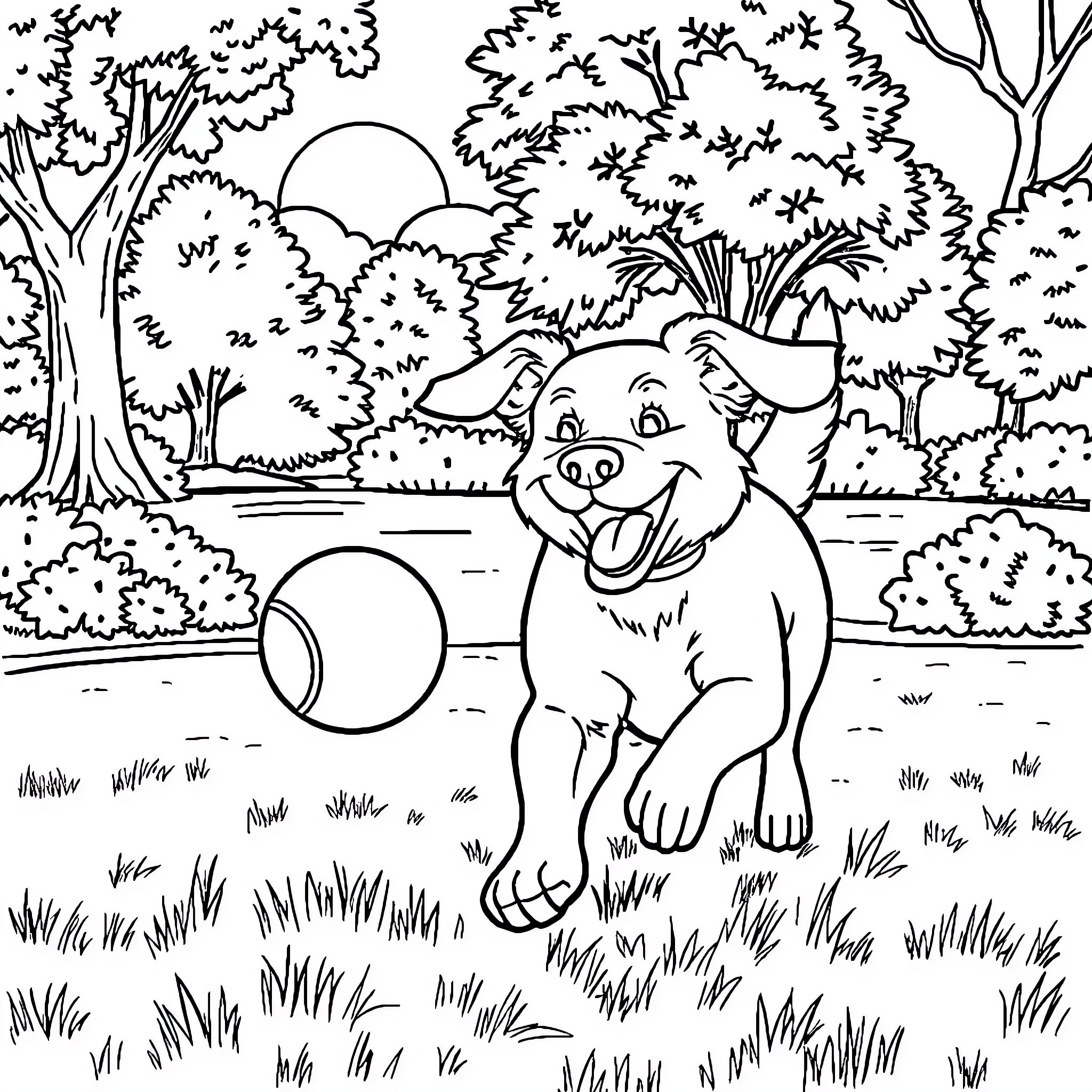 Dog playing with ball in lush forest Coloring Page (free black-and-white line drawing printable PDF for all, from beginners to advanced learners, including children, teens, adults, and seniors)