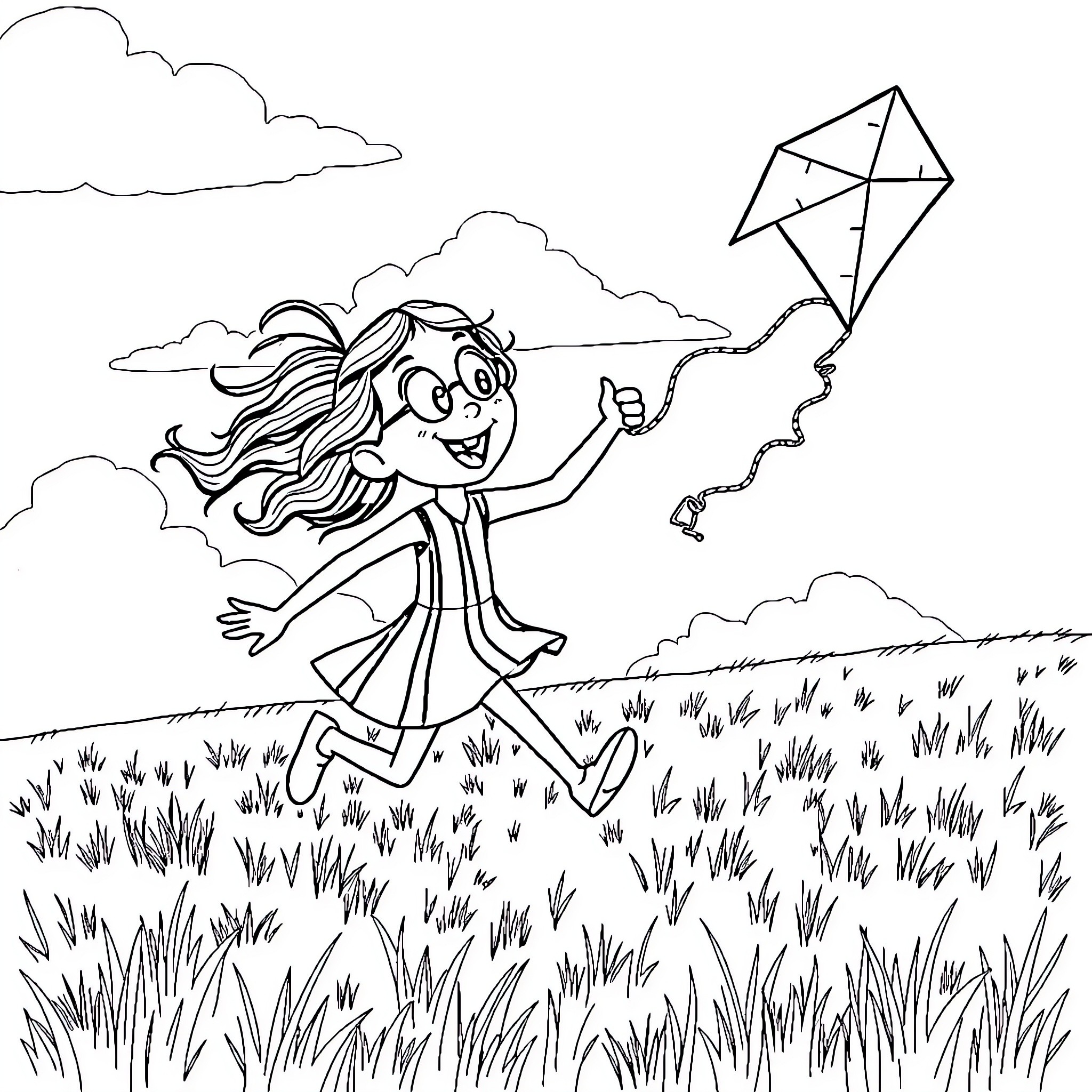Wednesday Adams flying a kite in the meadow Coloring Page (free black-and-white line drawing printable PDF for all, from beginners to advanced learners, including children, teens, adults, and seniors)