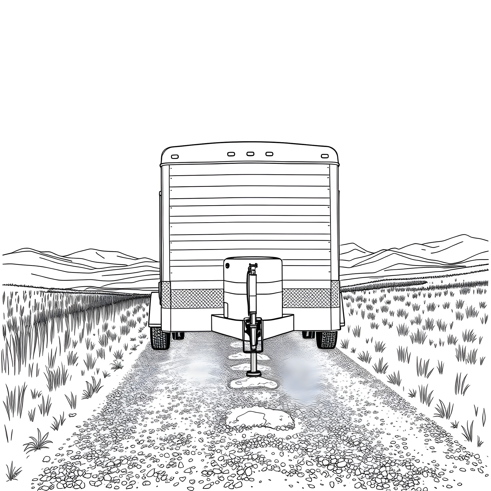 Gooseneck Trailer on a Dirt Road in the Mountains Coloring Page (free black-and-white line drawing printable PDF for all, from beginners to advanced learners, including children, teens, adults, and seniors)