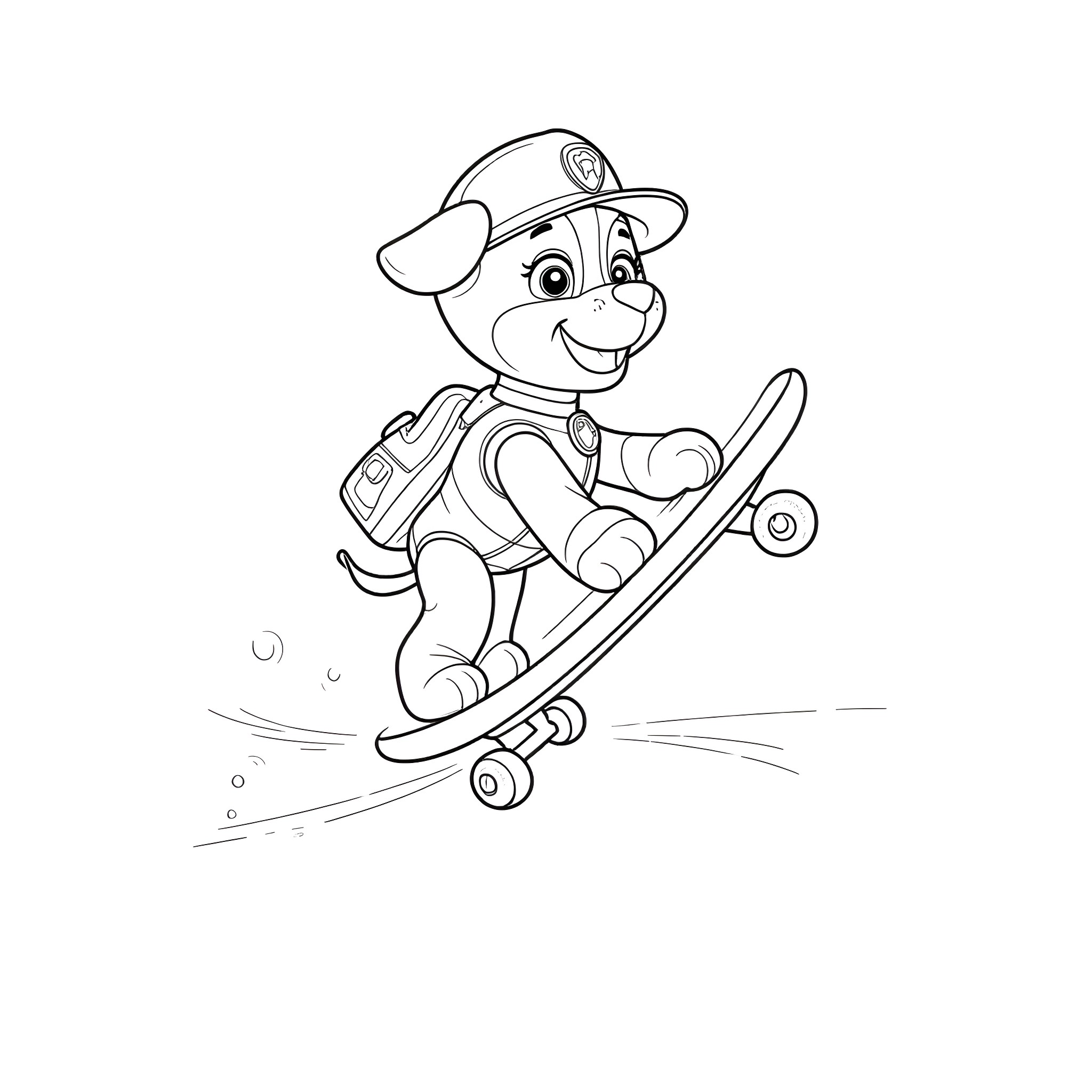 Marshall's Skateboarding Adventure Coloring Page (free black-and-white line drawing printable PDF for all, from beginners to advanced learners, including children, teens, adults, and seniors)