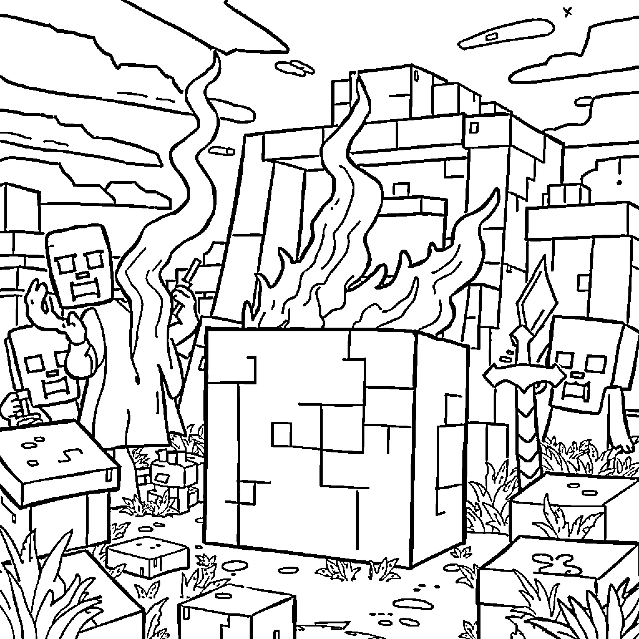 Minecraft characters exploring a blocky landscape Coloring Page (free black-and-white line drawing printable PDF for all, from beginners to advanced learners, including children, teens, adults, and seniors)