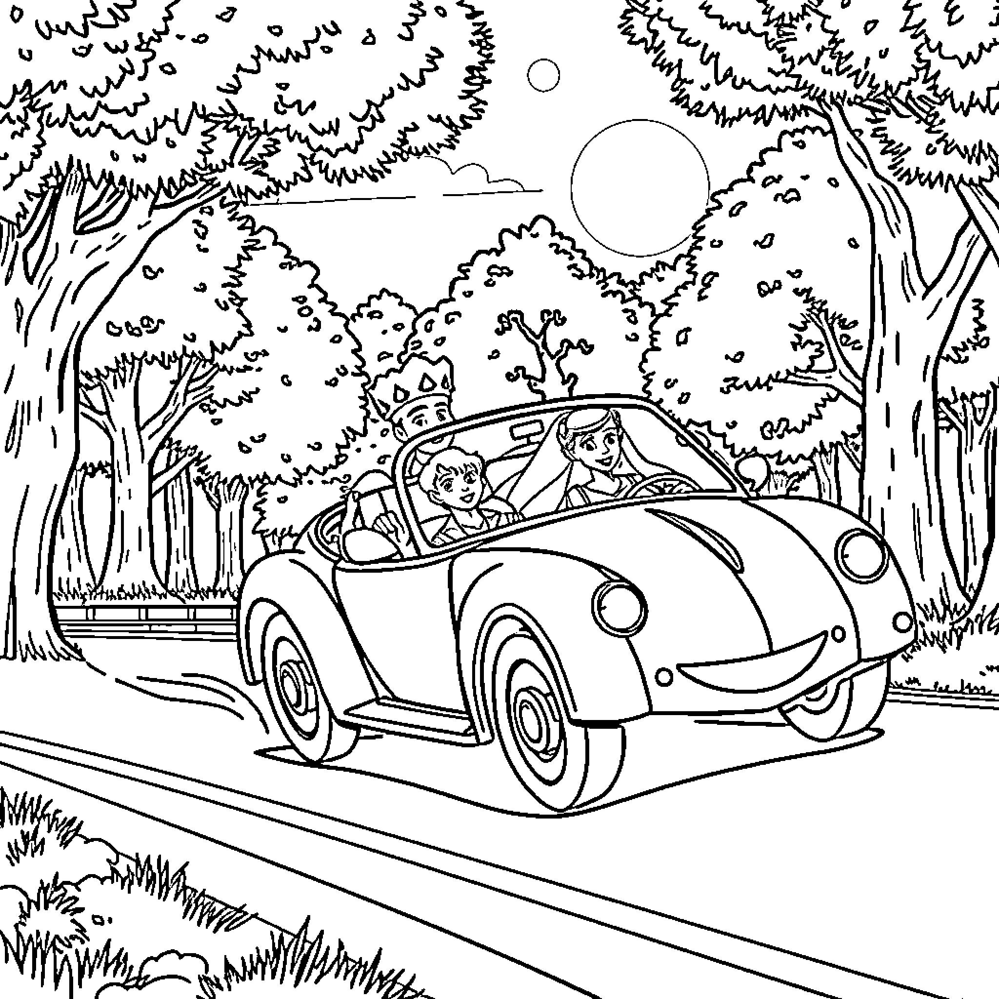 Prince cruising in a classic car through the forest Coloring Page (free black-and-white line drawing printable PDF for all, from beginners to advanced learners, including children, teens, adults, and seniors)
