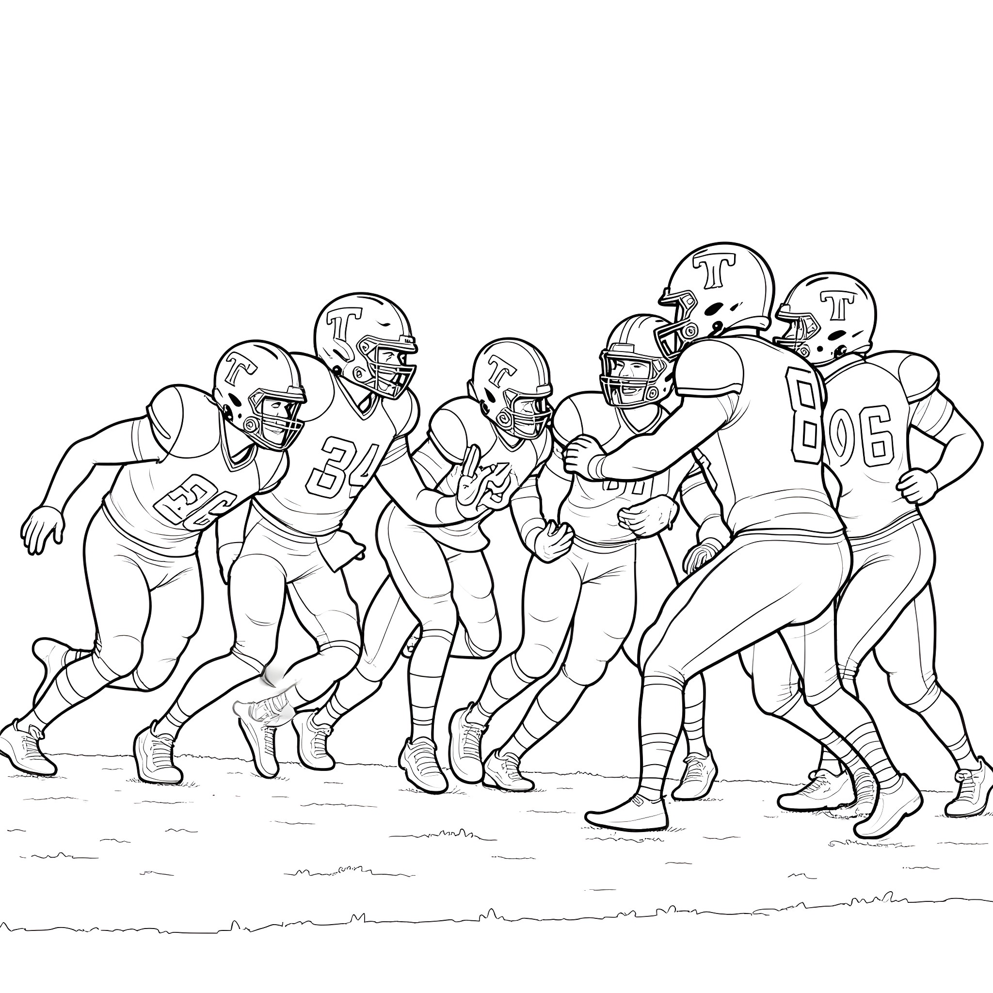 Tennessee Volunteers Football Team in Action Coloring Page (free black-and-white line drawing printable PDF for all, from beginners to advanced learners, including children, teens, adults, and seniors)