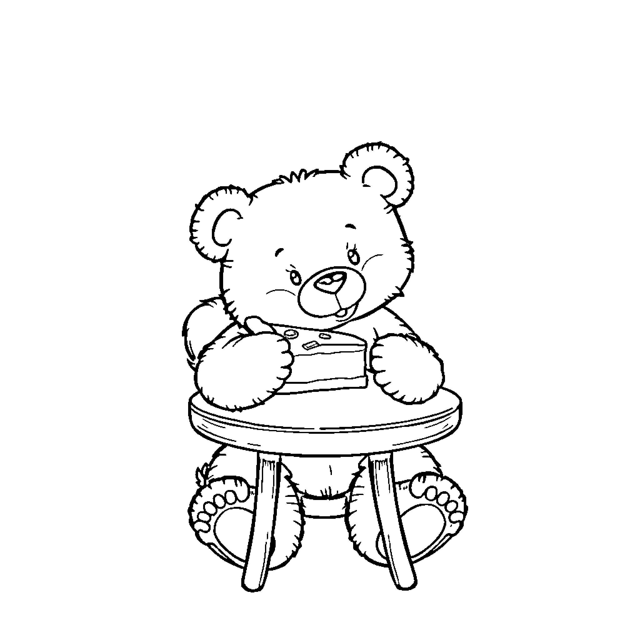 Teddy Bear Enjoying a Tasty Treat Coloring Page (free black-and-white line drawing printable PDF for all, from beginners to advanced learners, including children, teens, adults, and seniors)