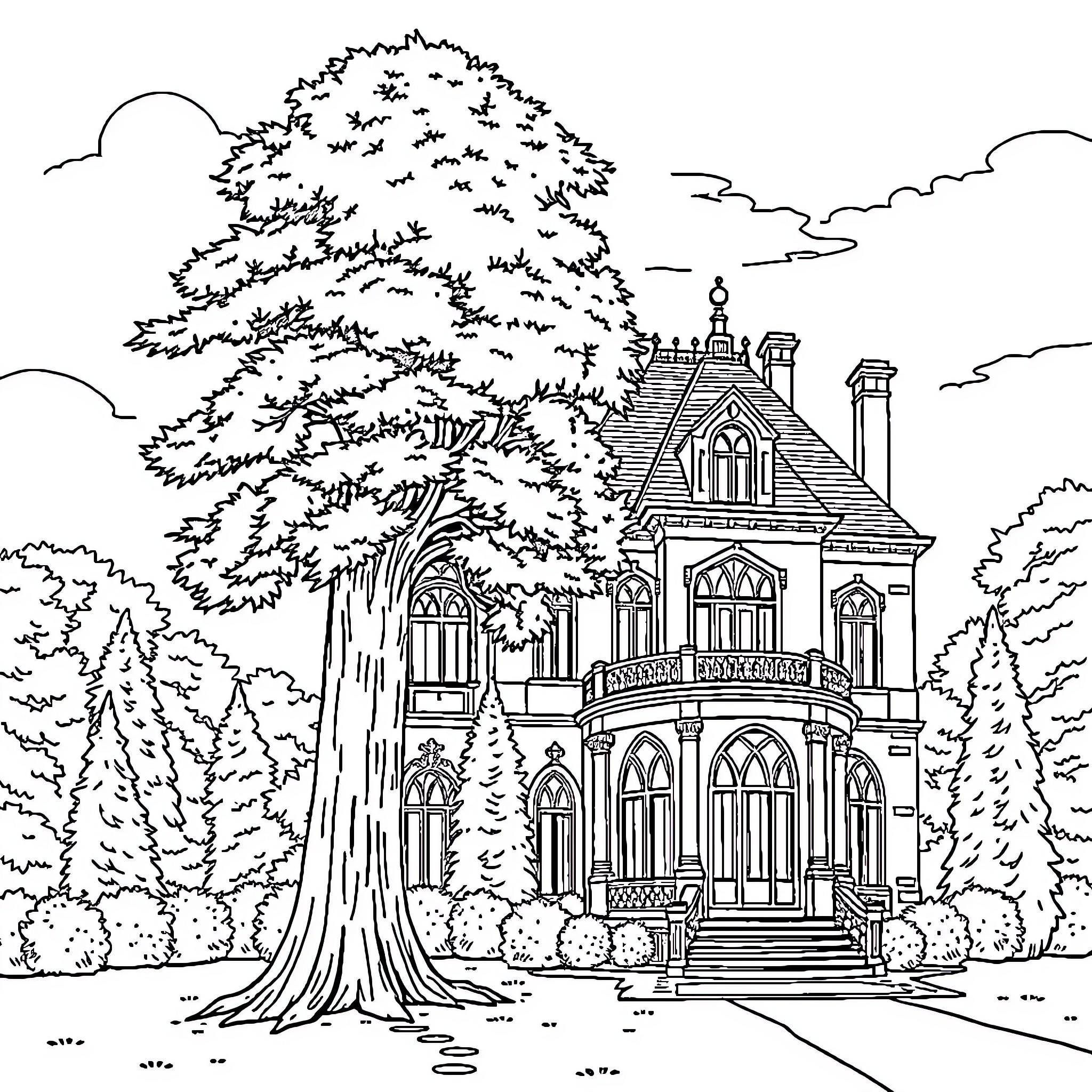 Tree-lined Victorian mansion in the woods Coloring Page (free black-and-white line drawing printable PDF for all, from beginners to advanced learners, including children, teens, adults, and seniors)