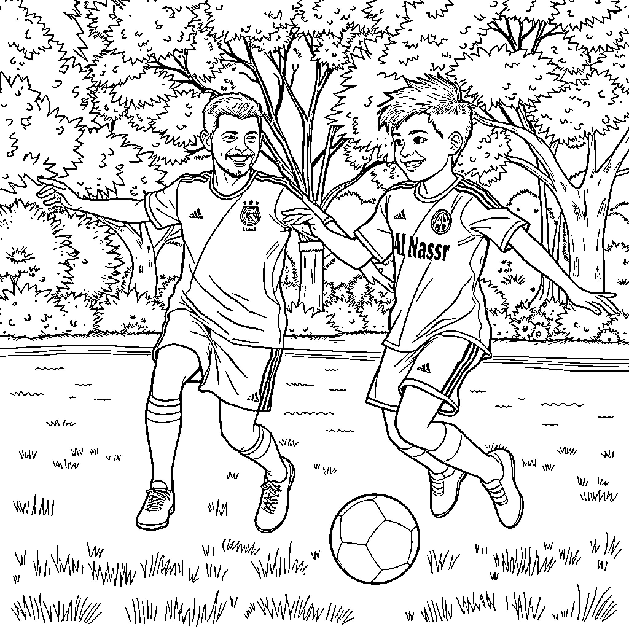 Ronaldo and his teammate playing soccer in the park Coloring Page (free black-and-white line drawing printable PDF for all, from beginners to advanced learners, including children, teens, adults, and seniors)