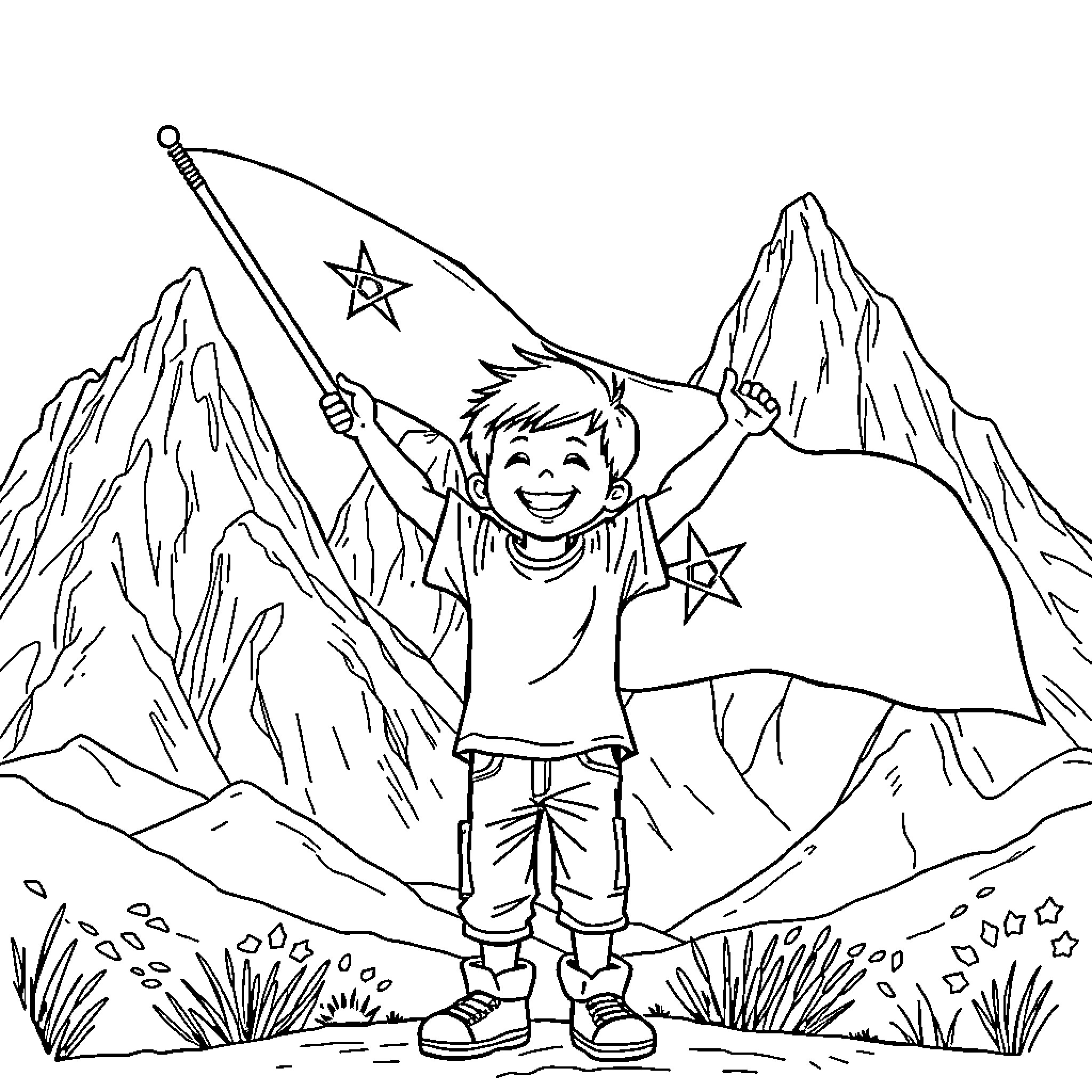 Kid celebrating with joy in mountain landscape Coloring Page (free black-and-white line drawing printable PDF for all, from beginners to advanced learners, including children, teens, adults, and seniors)