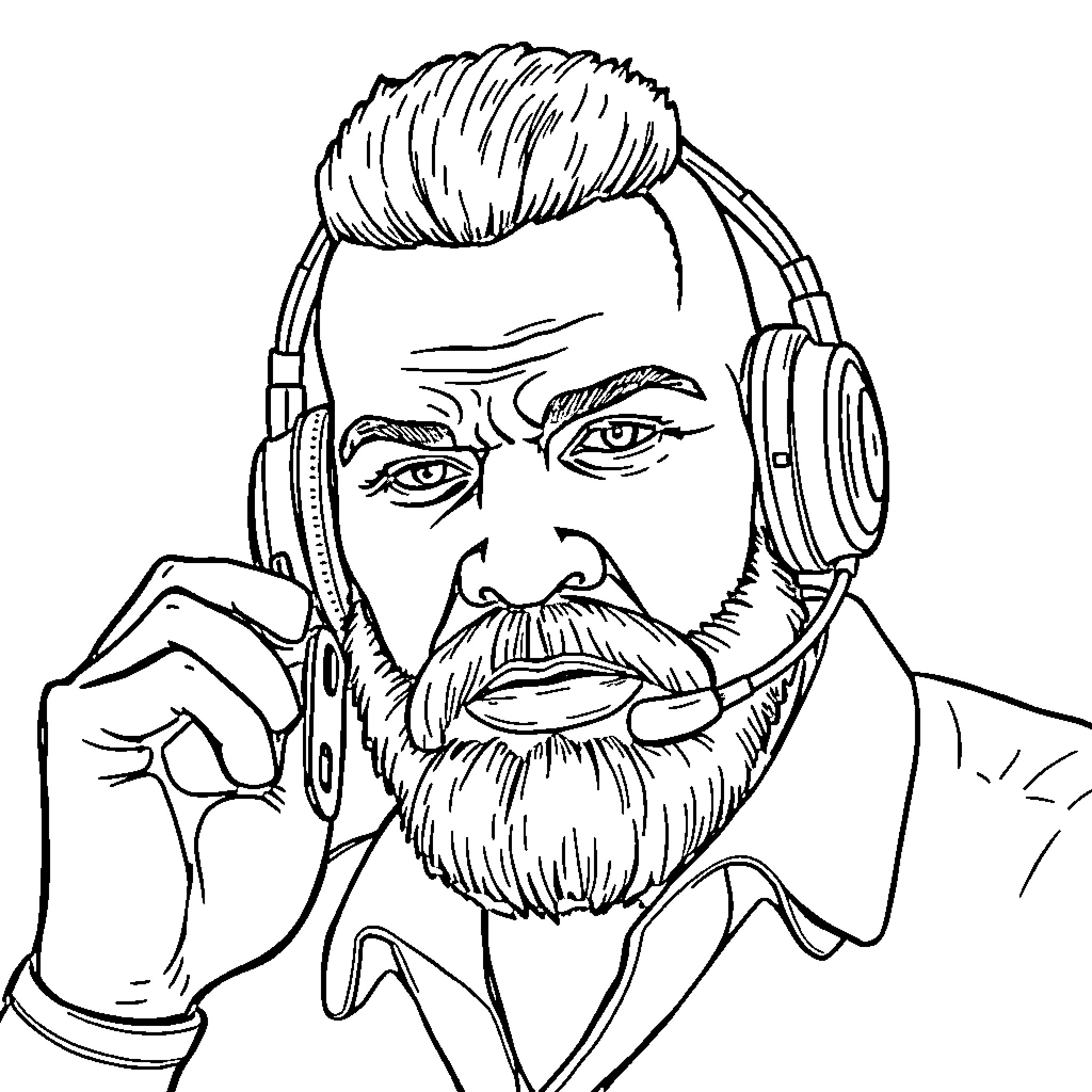 B A Baracus listening to music with headphones Coloring Page (free black-and-white line drawing printable PDF for all, from beginners to advanced learners, including children, teens, adults, and seniors)