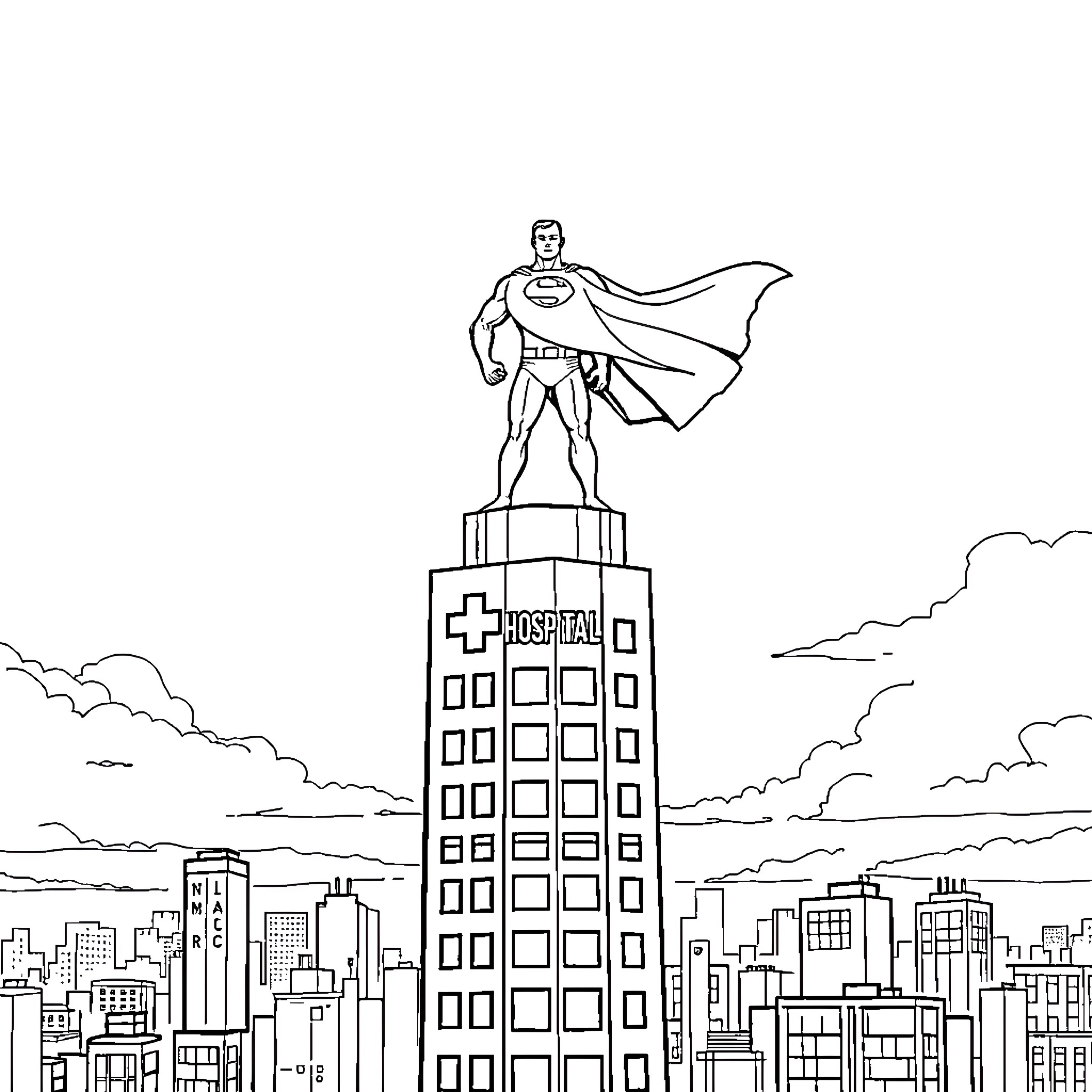 Superhero protecting the city on top of hospital Coloring Page (free black-and-white line drawing printable PDF for all, from beginners to advanced learners, including children, teens, adults, and seniors)