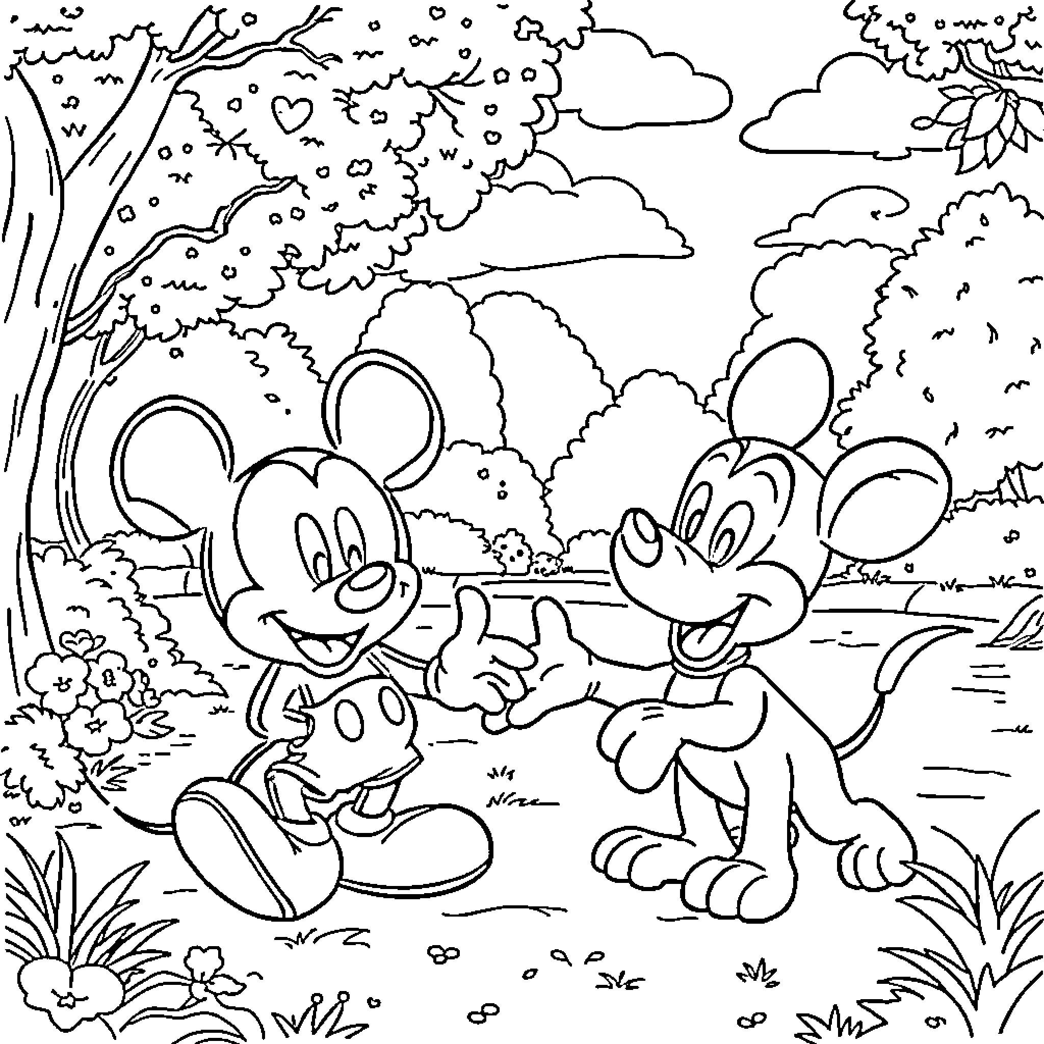 Mickey Mouse and Minnie Mouse playing together in nature Coloring Page (free black-and-white line drawing printable PDF for all, from beginners to advanced learners, including children, teens, adults, and seniors)
