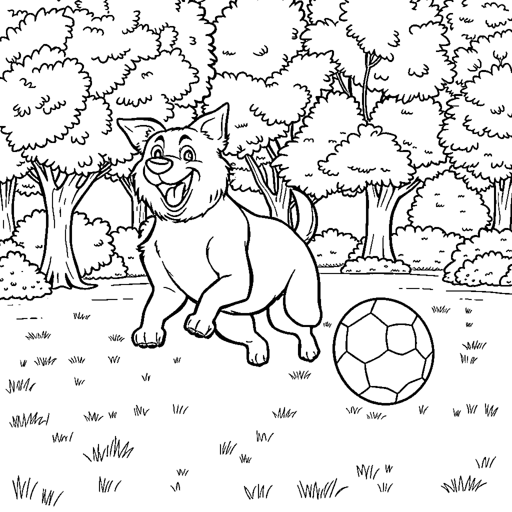 Dog playing with soccer ball in the forest Coloring Page (free black-and-white line drawing printable PDF for all, from beginners to advanced learners, including children, teens, adults, and seniors)