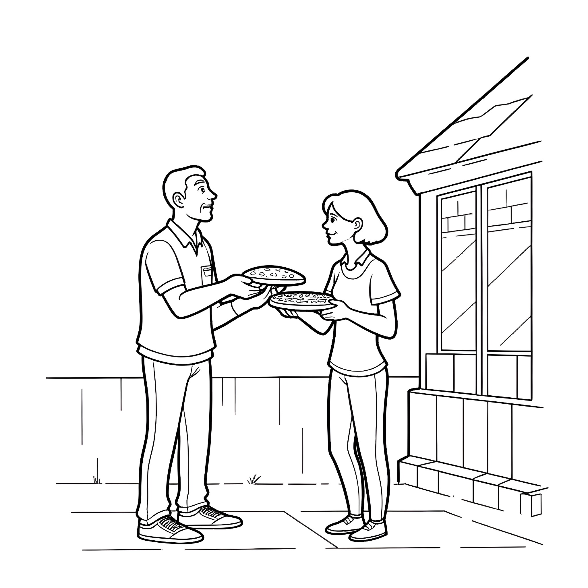 Man delivering pizza to woman at home Coloring Page (free black-and-white line drawing printable PDF for all, from beginners to advanced learners, including children, teens, adults, and seniors)