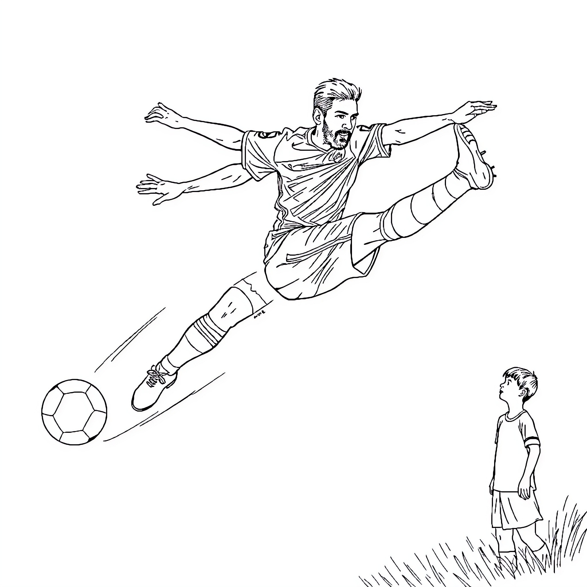 Messi's Dazzling Football Moves Coloring Page (free black-and-white line drawing printable PDF for all, from beginners to advanced learners, including children, teens, adults, and seniors)
