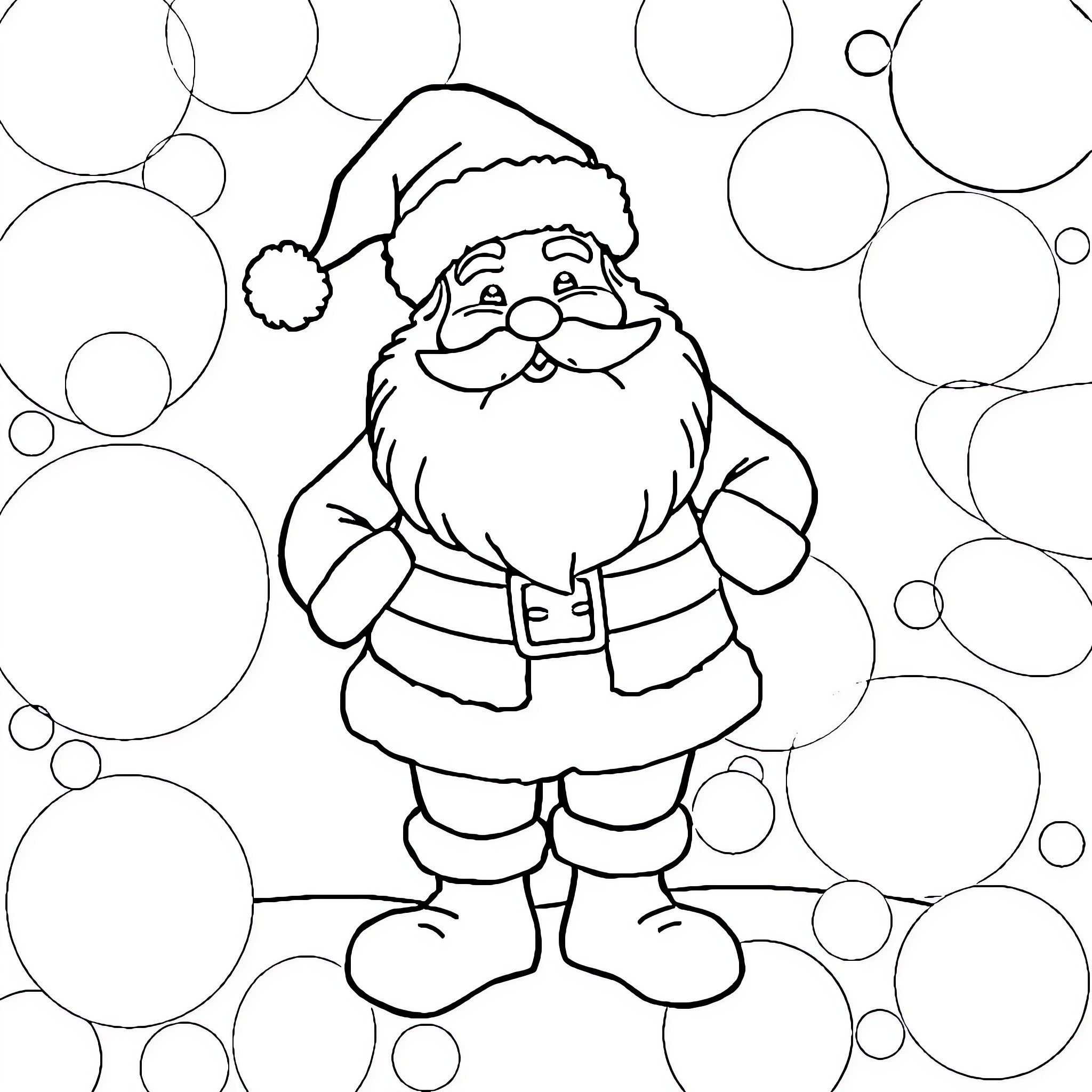 Santa with Festive Bubbles Coloring Page (free black-and-white line drawing printable PDF for all, from beginners to advanced learners, including children, teens, adults, and seniors)