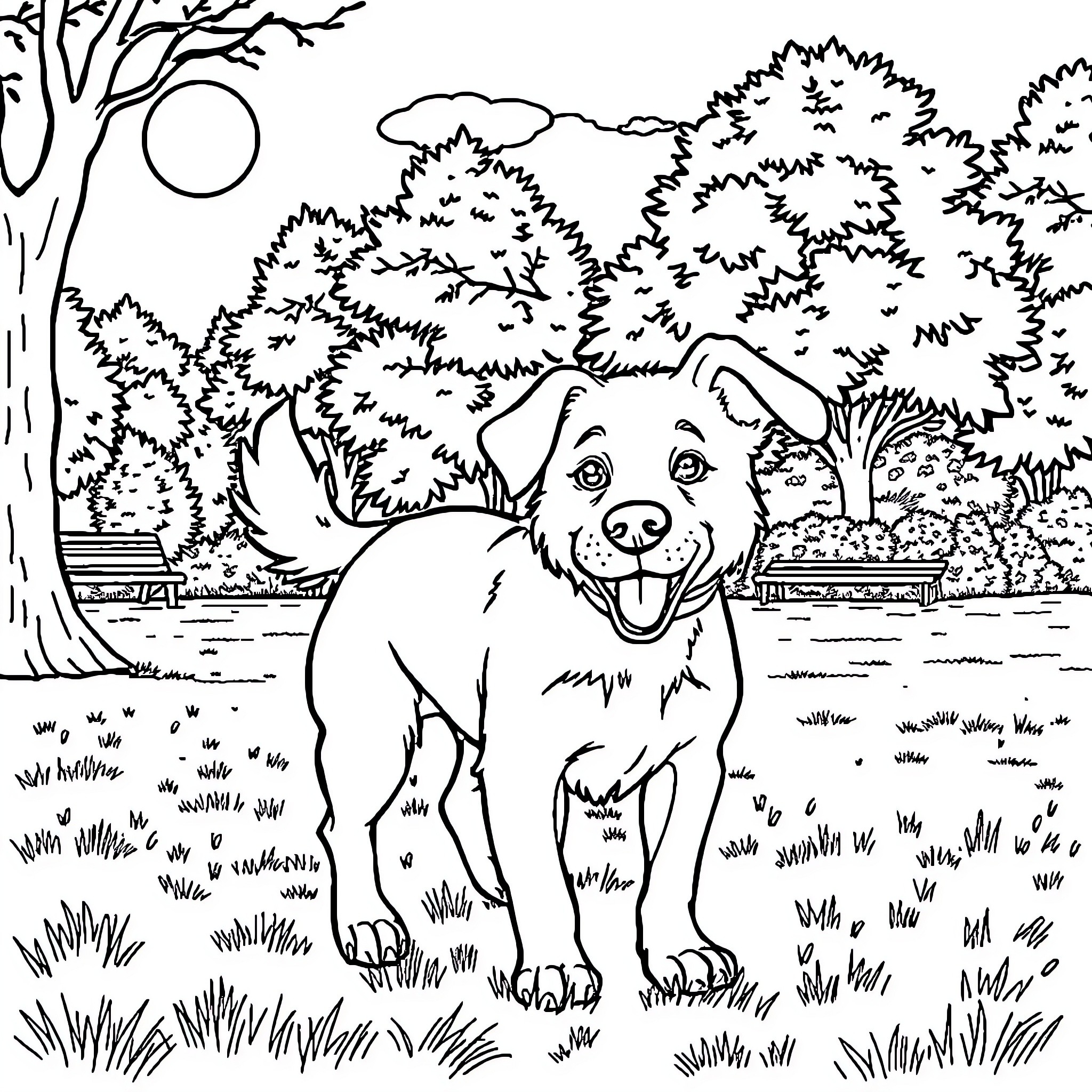 Dog happily exploring the outdoor scenery Coloring Page (free black-and-white line drawing printable PDF for all, from beginners to advanced learners, including children, teens, adults, and seniors)