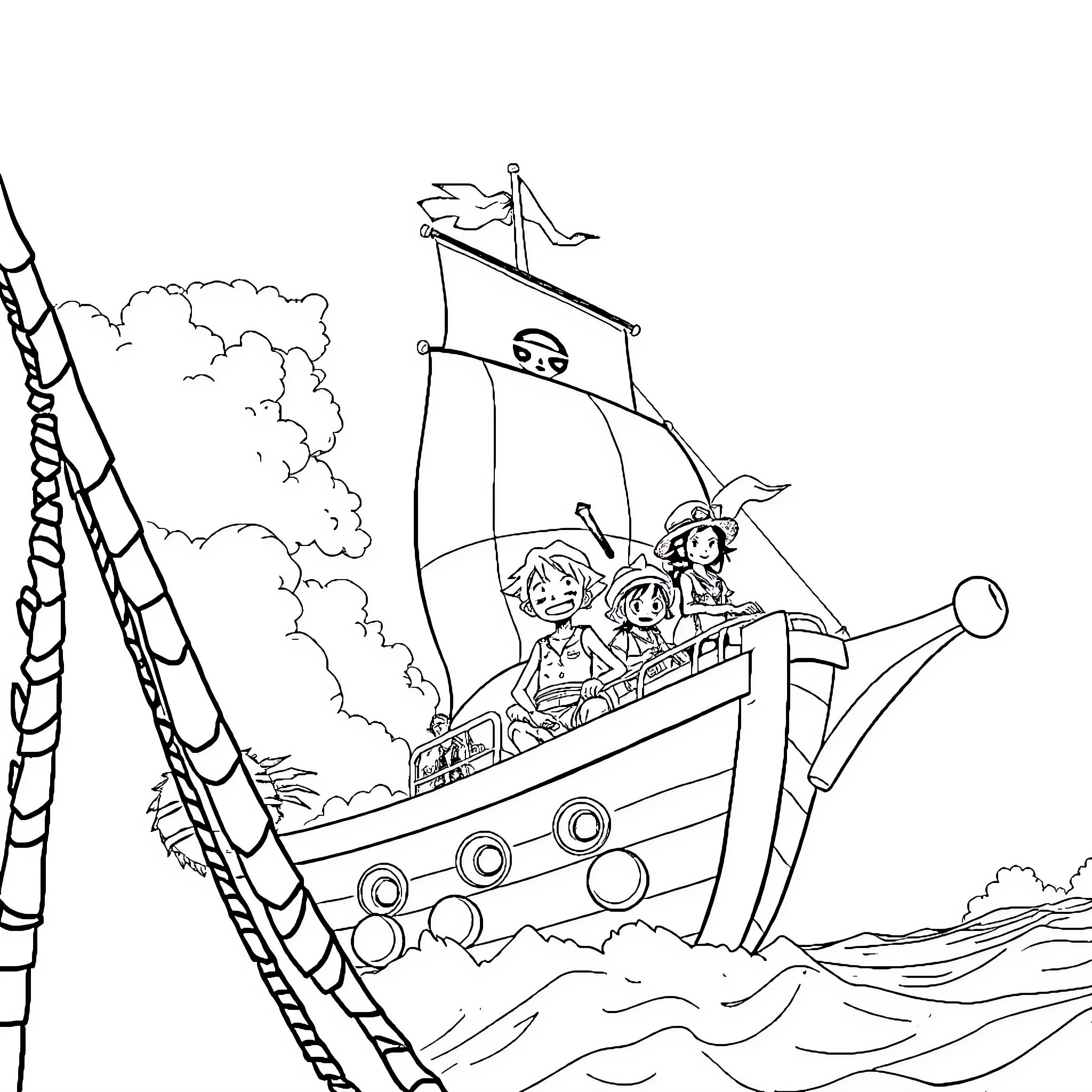 Anime Crew Sailing on Pirate Ship Coloring Page (free black-and-white line drawing printable PDF for all, from beginners to advanced learners, including children, teens, adults, and seniors)
