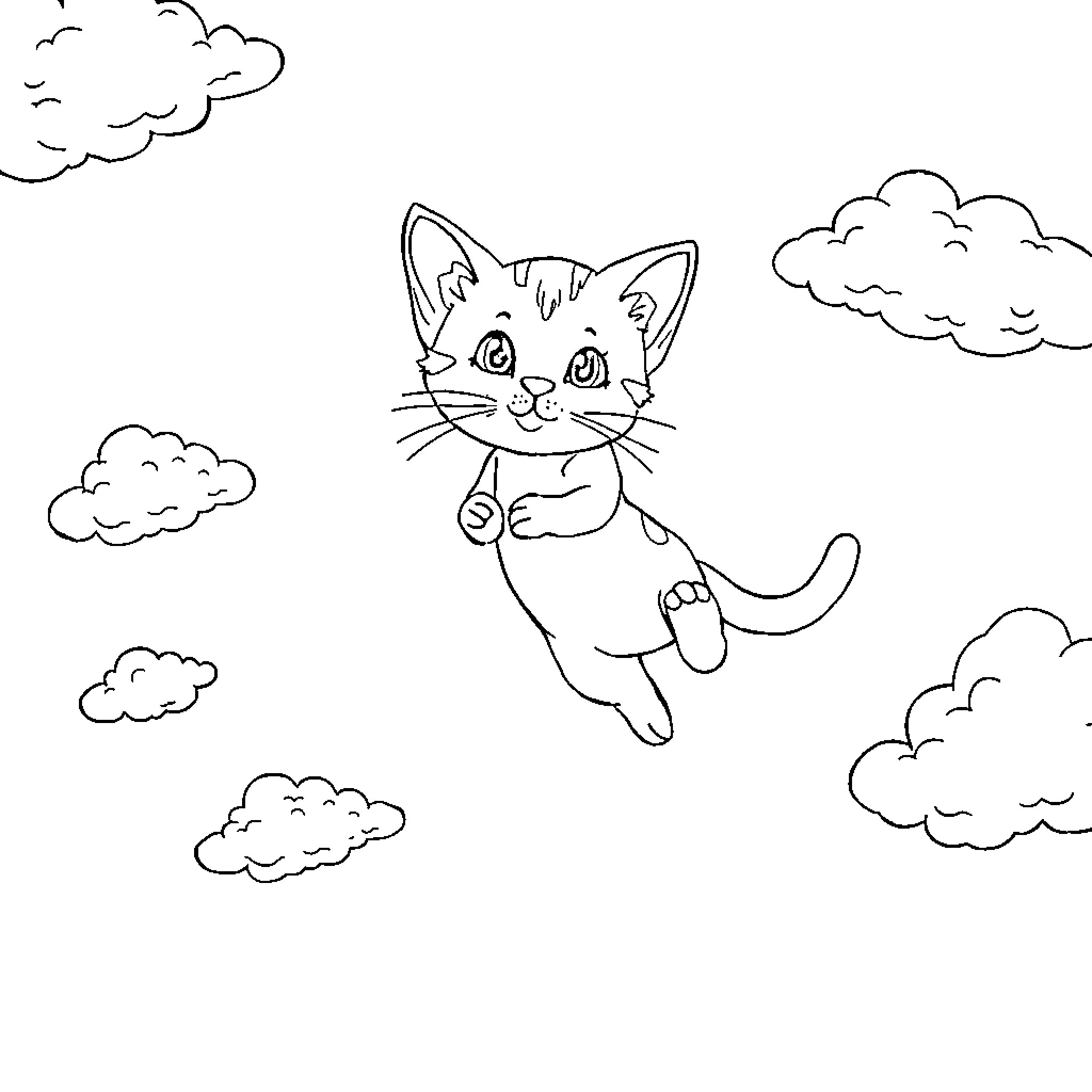 Kitten frolicking amongst the clouds Coloring Page (free black-and-white line drawing printable PDF for all, from beginners to advanced learners, including children, teens, adults, and seniors)