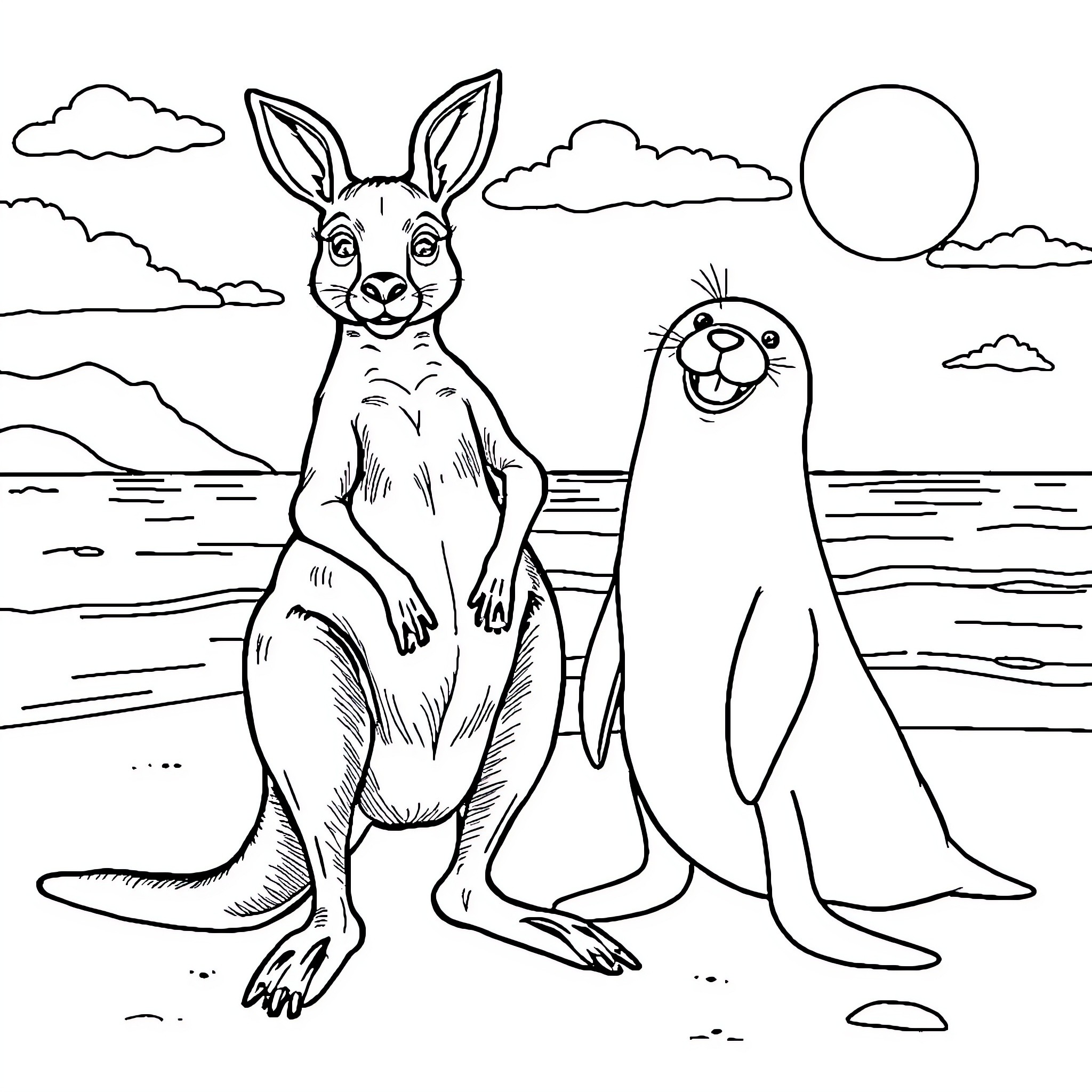 Kangaroo and Seal Relaxing on the Beach Coloring Page (free black-and-white line drawing printable PDF for all, from beginners to advanced learners, including children, teens, adults, and seniors)