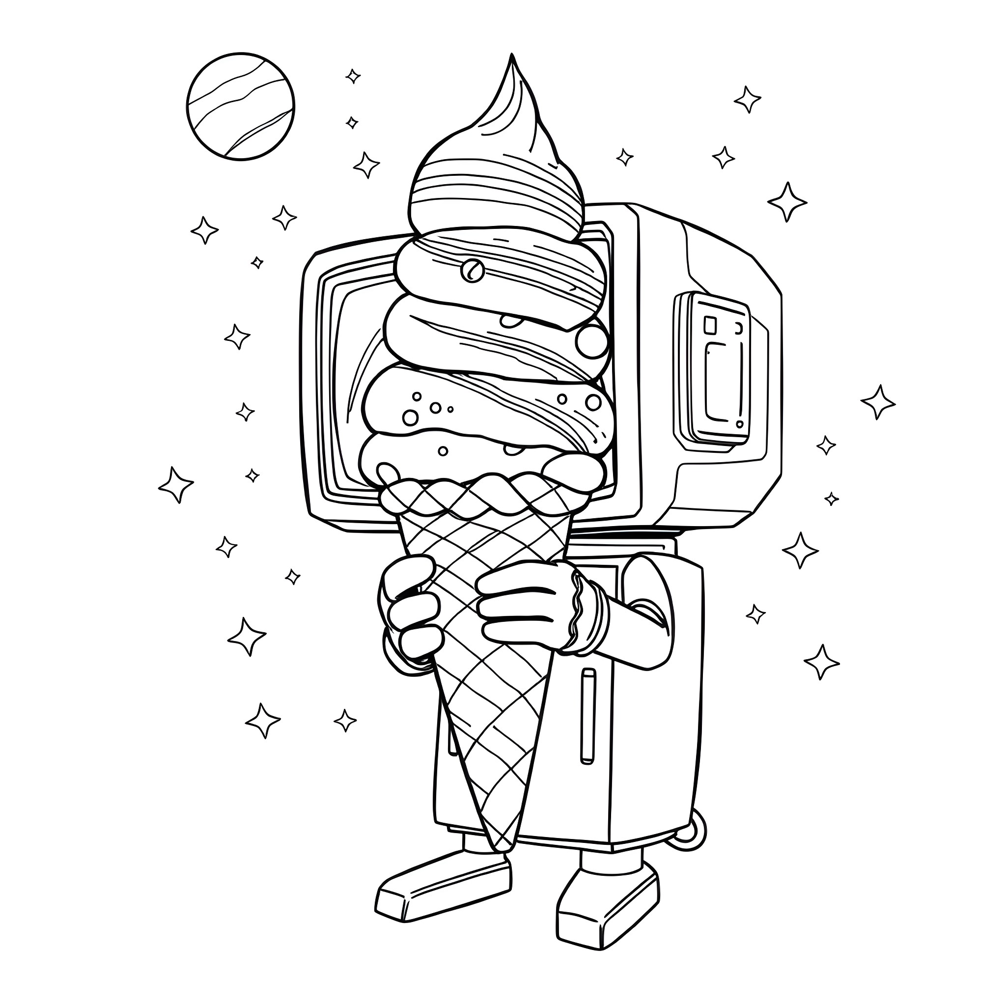 Computer Generated Ice Cream Robot in Space Coloring Page (free black-and-white line drawing printable PDF for all, from beginners to advanced learners, including children, teens, adults, and seniors)