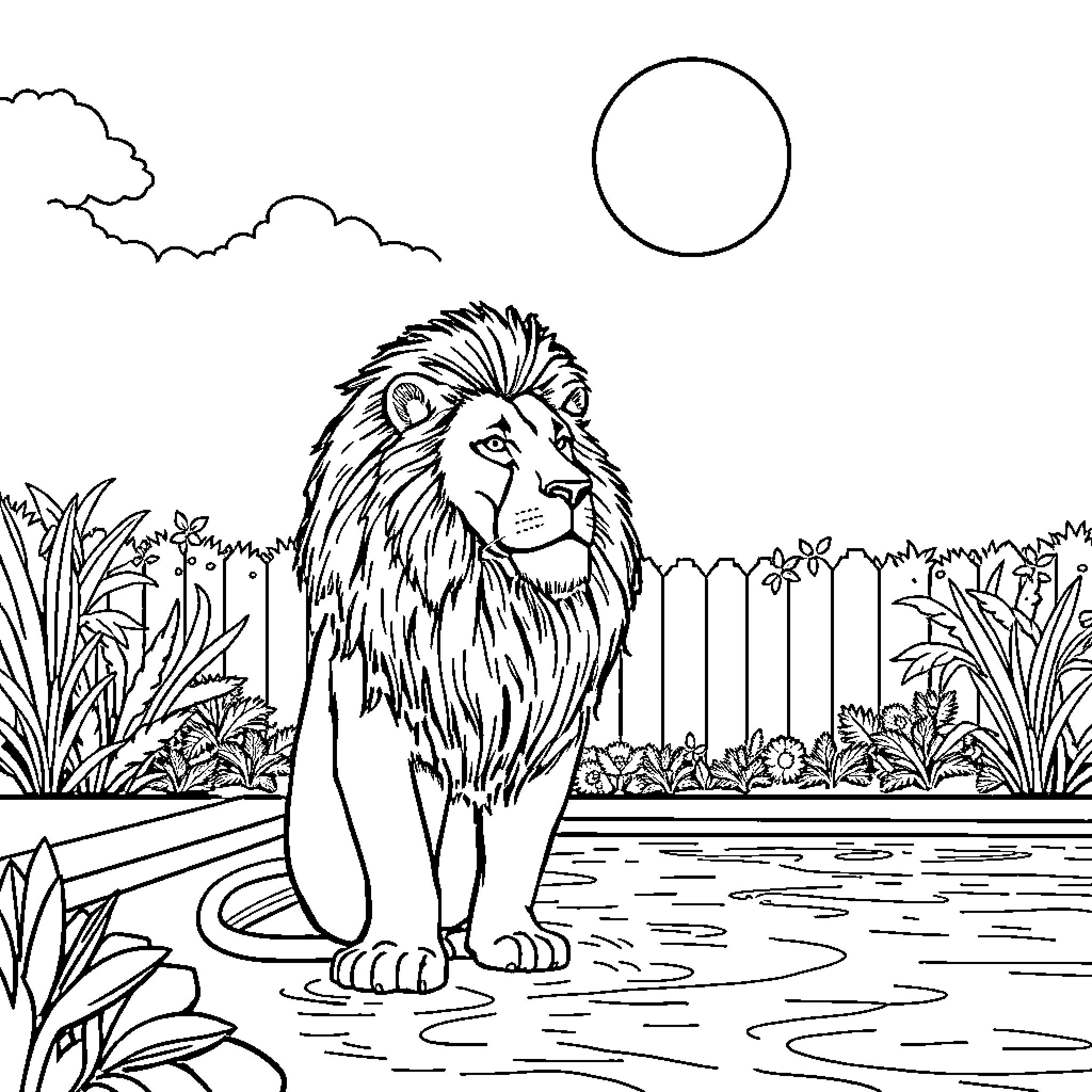 Lion resting peacefully in natural habitat Coloring Page (free black-and-white line drawing printable PDF for all, from beginners to advanced learners, including children, teens, adults, and seniors)