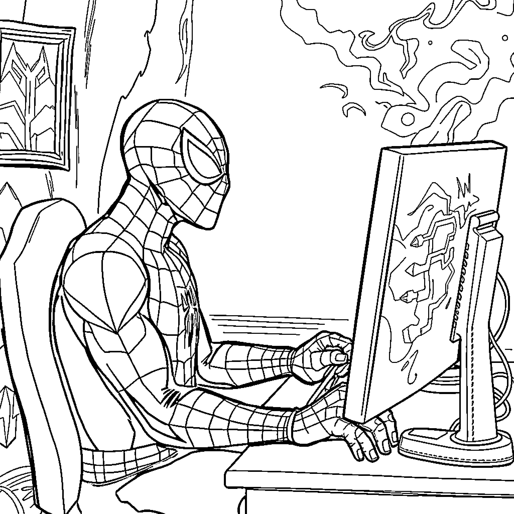 Spiderman drawing a mysterious artwork Coloring Page (free black-and-white line drawing printable PDF for all, from beginners to advanced learners, including children, teens, adults, and seniors)