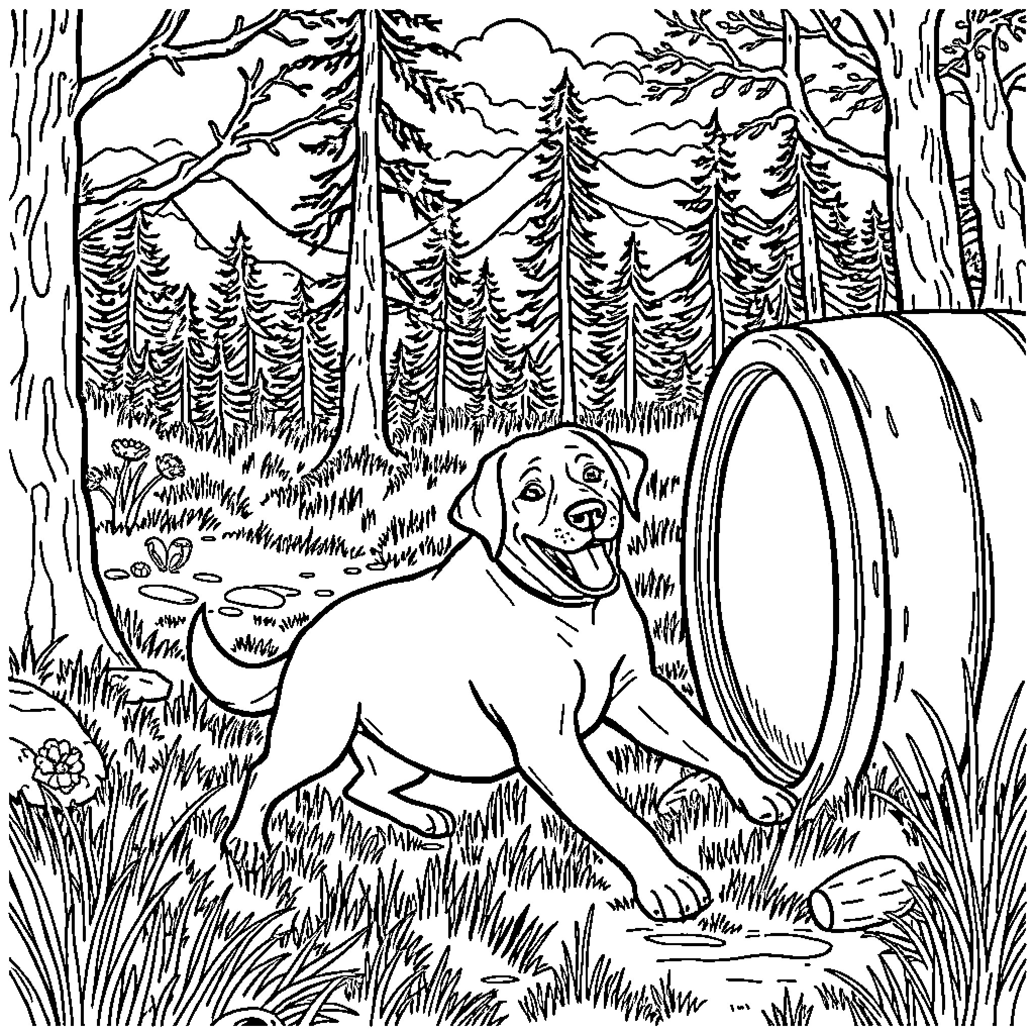 Labrador exploring the forest wilderness Coloring Page (free black-and-white line drawing printable PDF for all, from beginners to advanced learners, including children, teens, adults, and seniors)