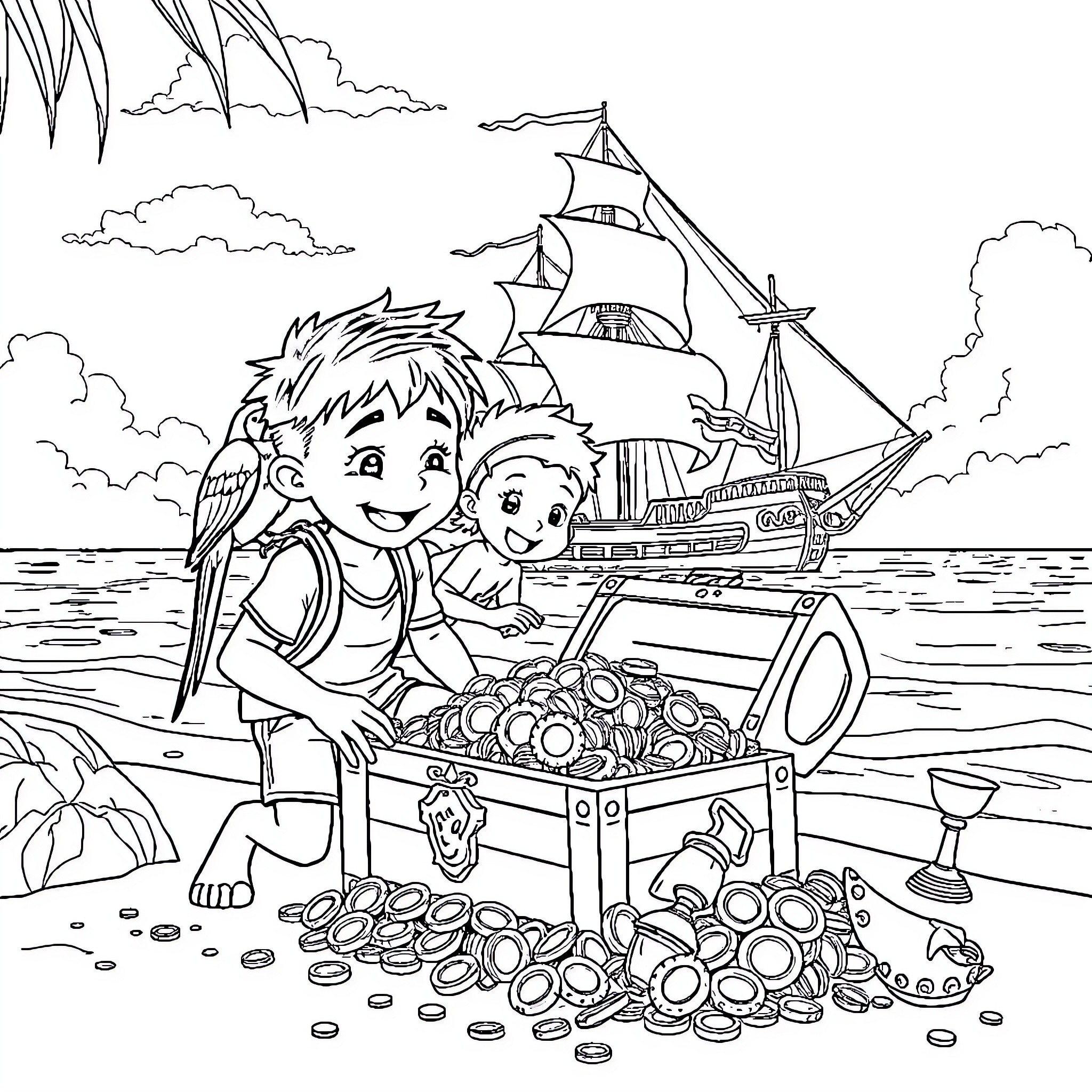 Boy's Treasure Hunt Adventure on the Beach Coloring Page (free black-and-white line drawing printable PDF for all, from beginners to advanced learners, including children, teens, adults, and seniors)