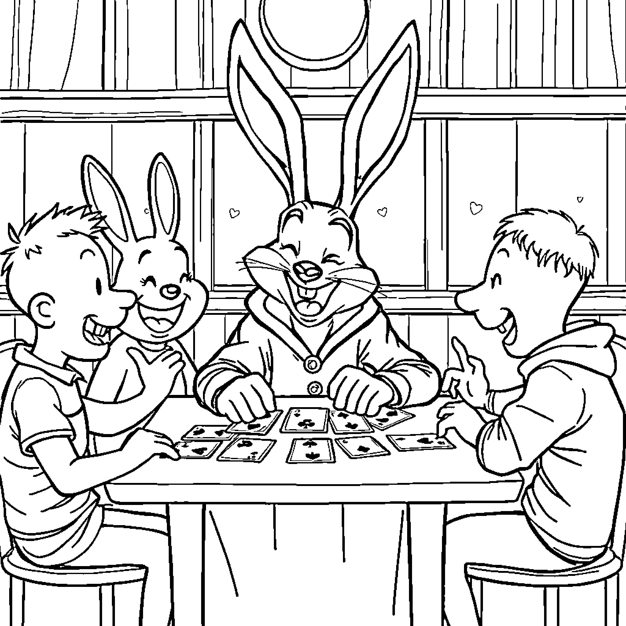 Bad Bunny enjoying a card game with friends Coloring Page (free black-and-white line drawing printable PDF for all, from beginners to advanced learners, including children, teens, adults, and seniors)