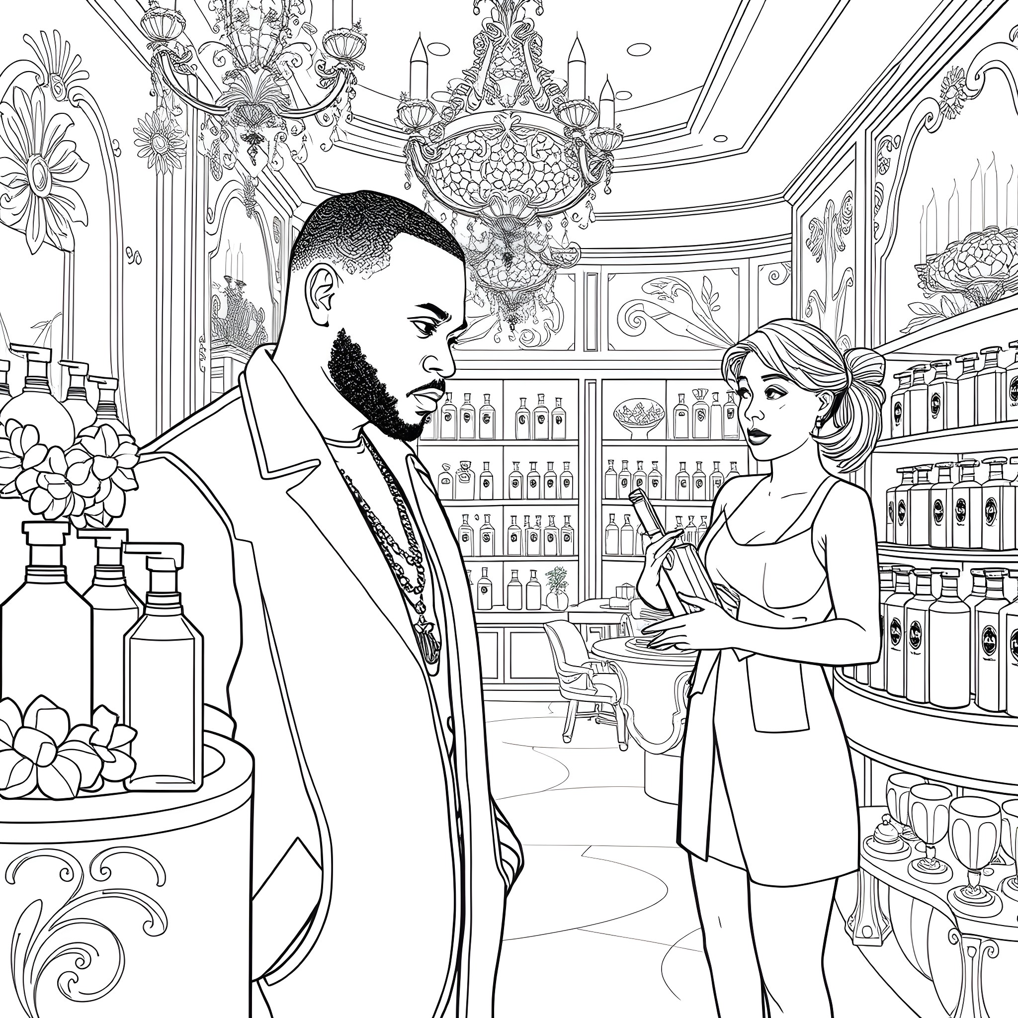 P Diddy in a Luxurious Cocktail Lounge with a Glamorous Lady Coloring Page (free black-and-white line drawing printable PDF for all, from beginners to advanced learners, including children, teens, adults, and seniors)