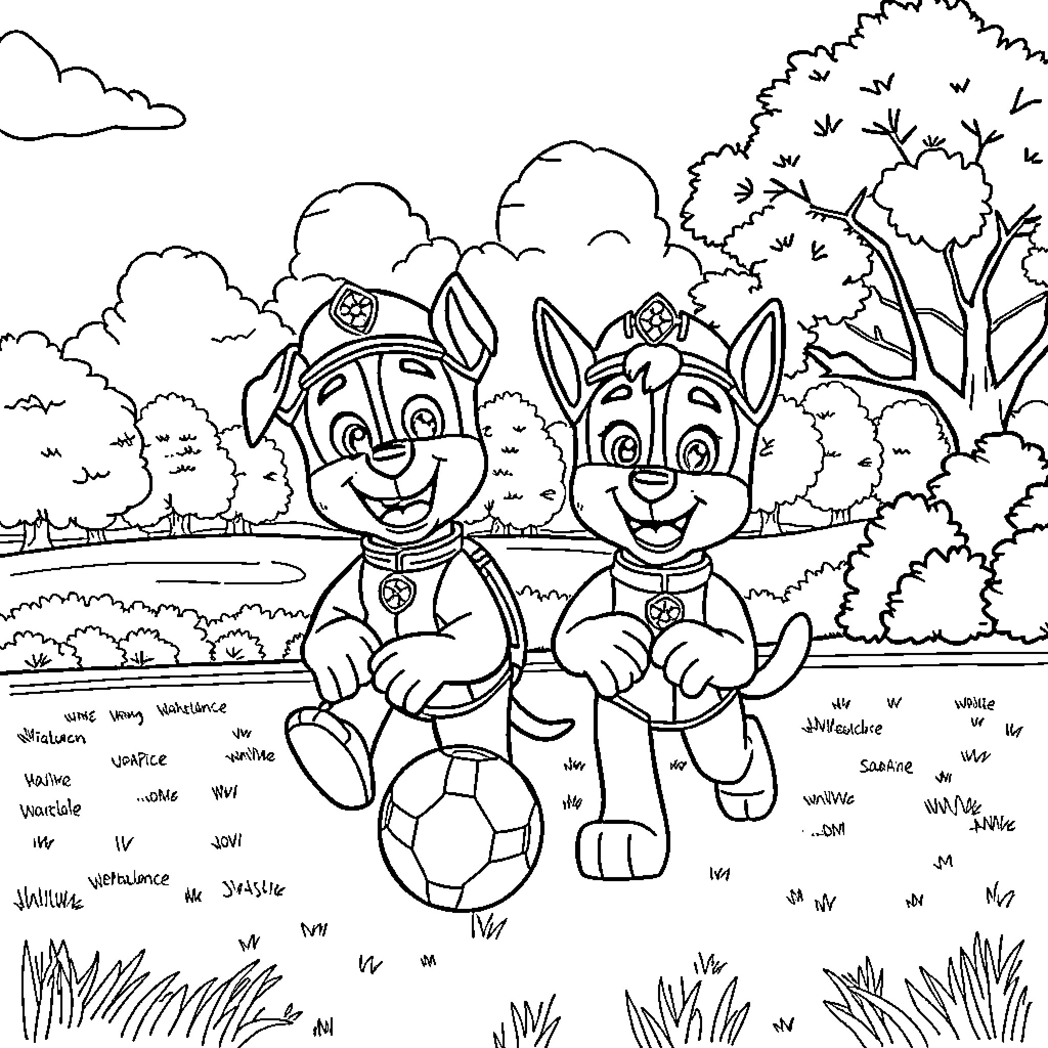 Marshall and Rubble's Playful Adventure in the Park Coloring Page (free black-and-white line drawing printable PDF for all, from beginners to advanced learners, including children, teens, adults, and seniors)