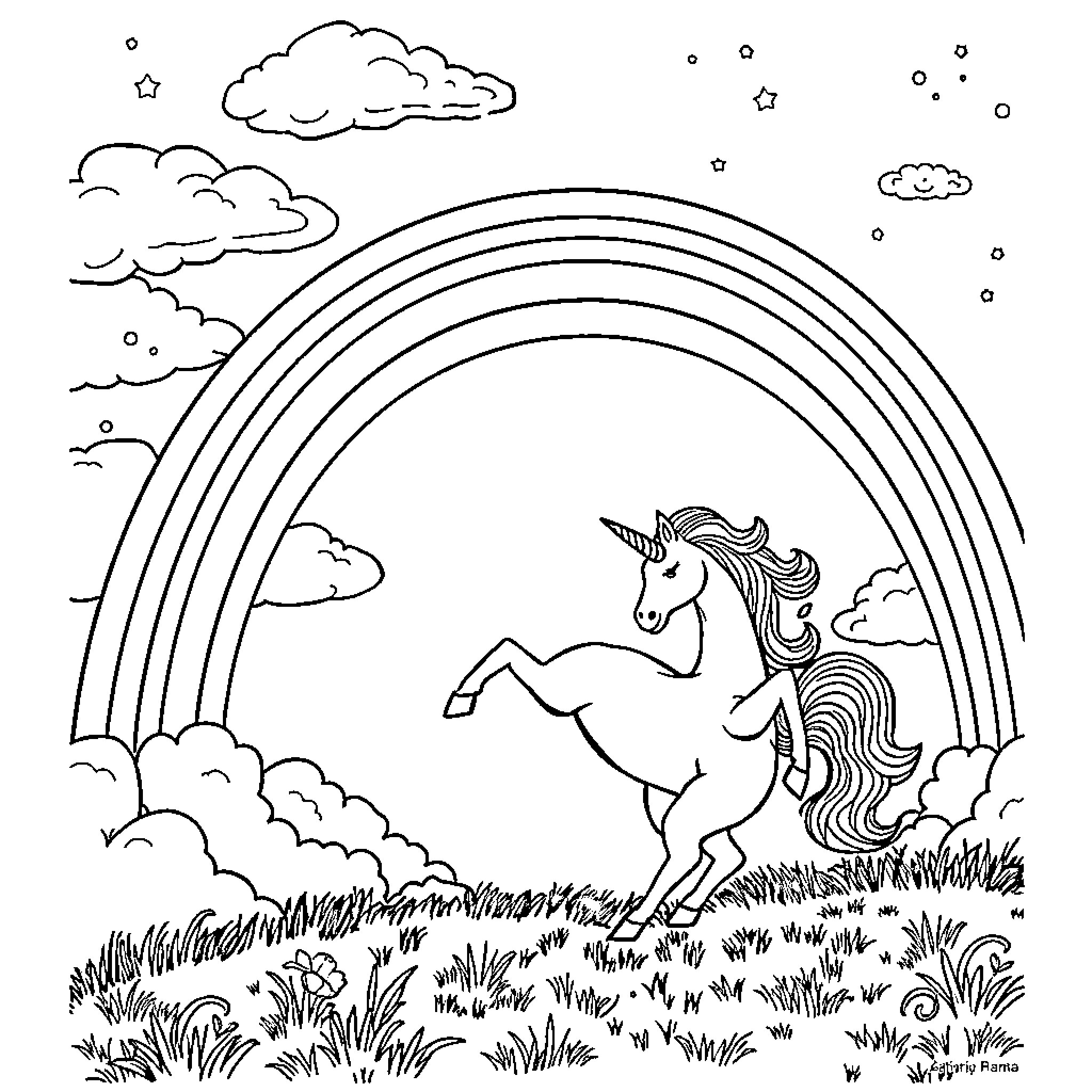 Unicorn frolicking under a rainbow in a grassy field Coloring Page (free black-and-white line drawing printable PDF for all, from beginners to advanced learners, including children, teens, adults, and seniors)
