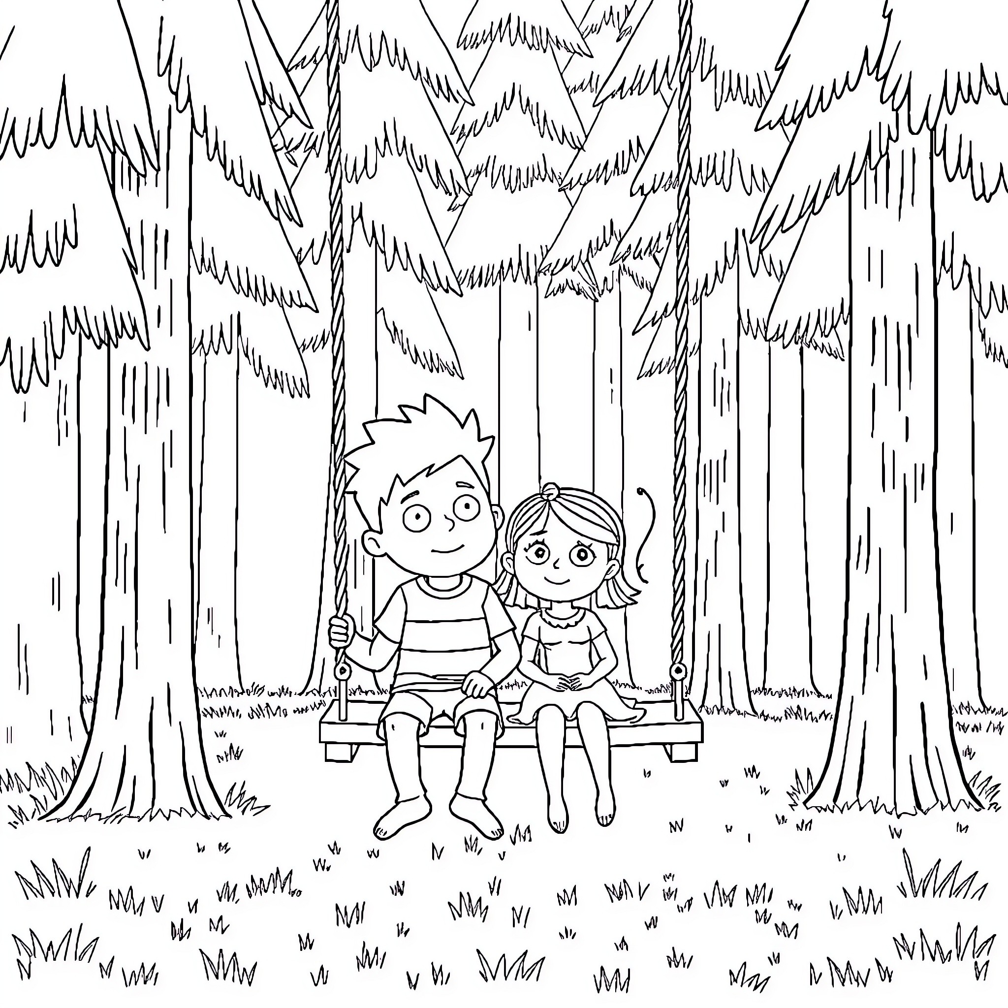 Carl and Ellie enjoying a swing in the forest Coloring Page (free black-and-white line drawing printable PDF for all, from beginners to advanced learners, including children, teens, adults, and seniors)