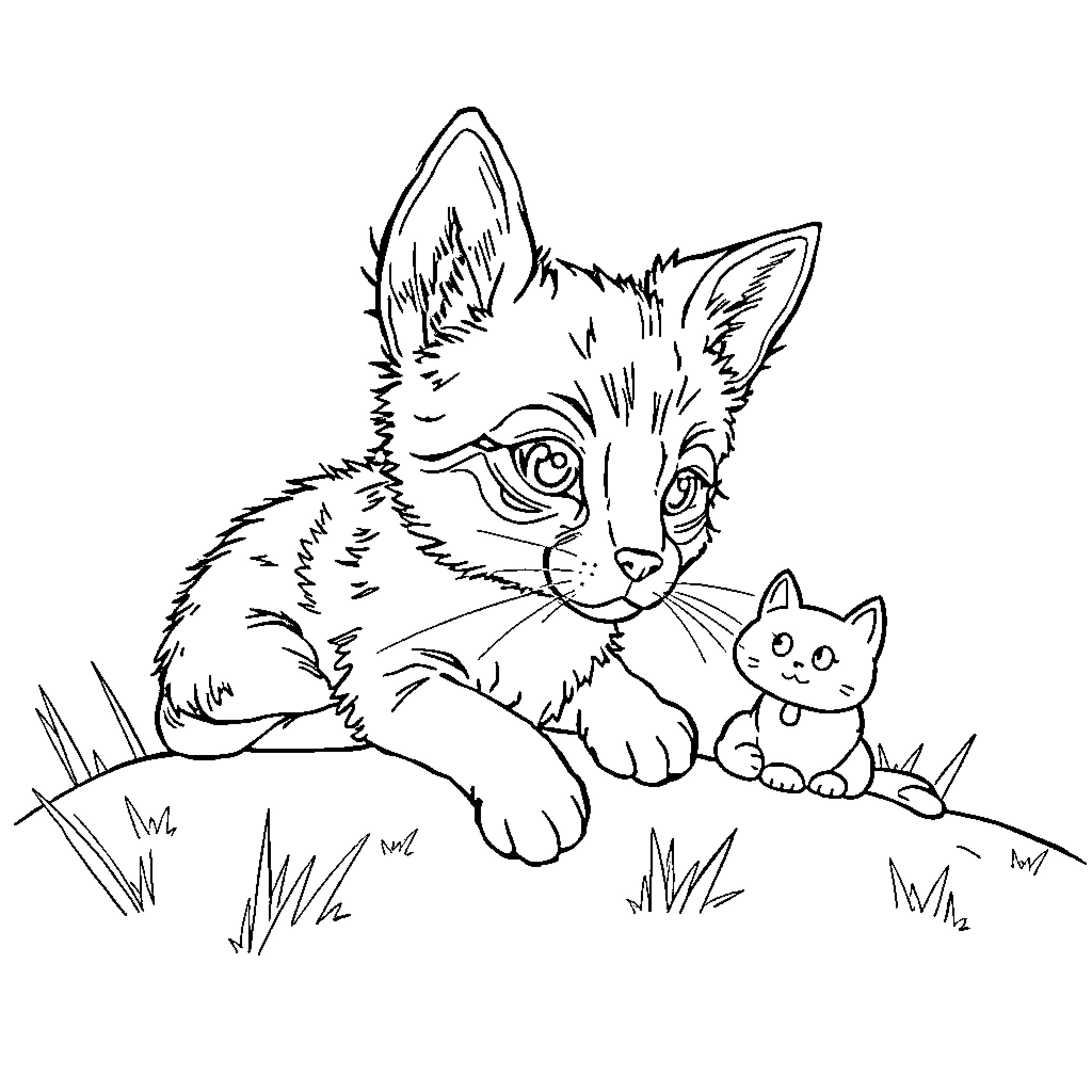 Dog playing with kitten in the grass Coloring Page (free black-and-white line drawing printable PDF for all, from beginners to advanced learners, including children, teens, adults, and seniors)