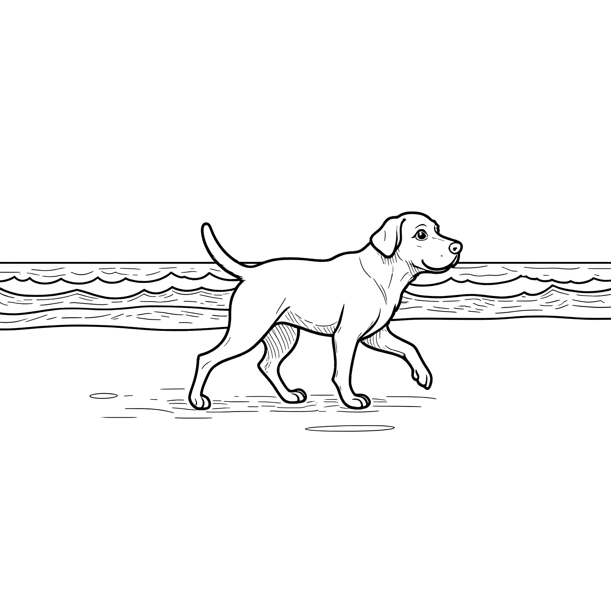 Dog playing in the water Coloring Page (free black-and-white line drawing printable PDF for all, from beginners to advanced learners, including children, teens, adults, and seniors)