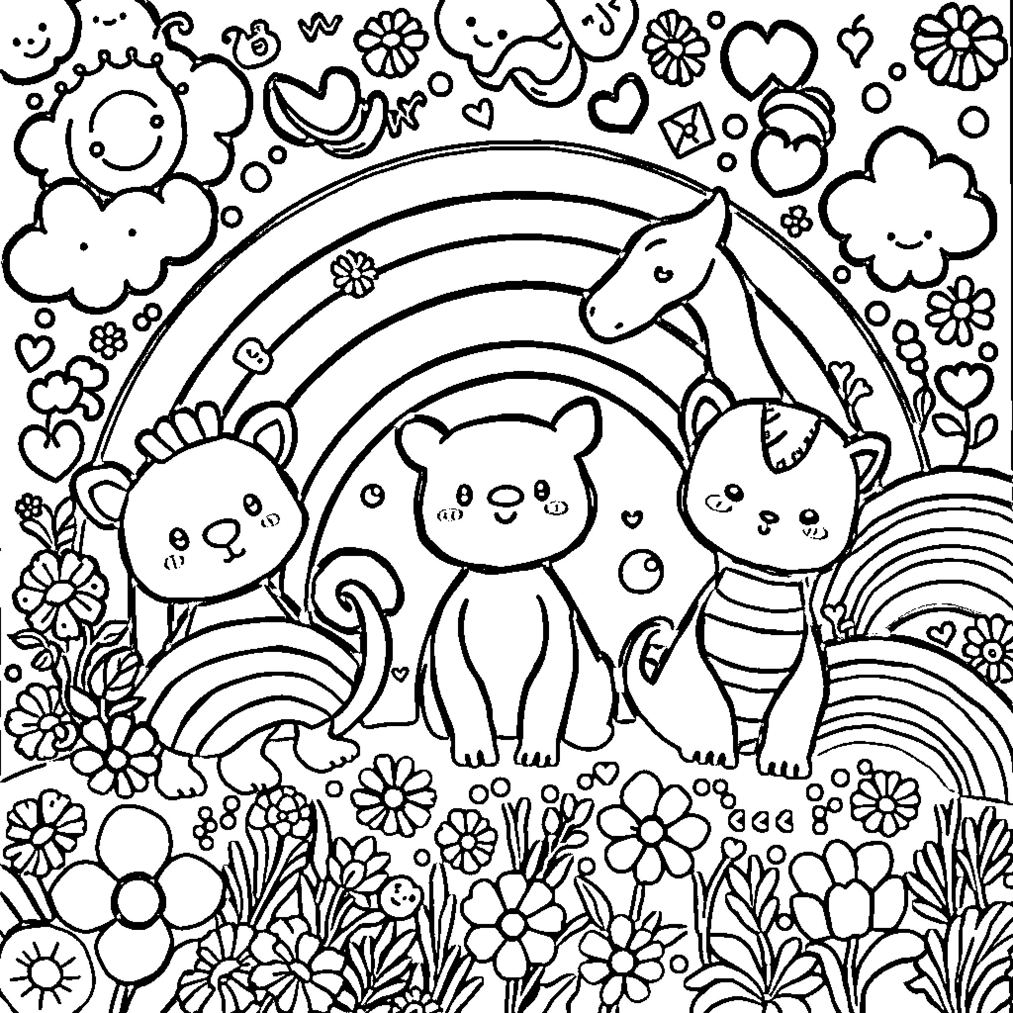 Lisa Frank Whimsical Animal Friends in Floral Fantasy Coloring Page (free black-and-white line drawing printable PDF for all, from beginners to advanced learners, including children, teens, adults, and seniors)
