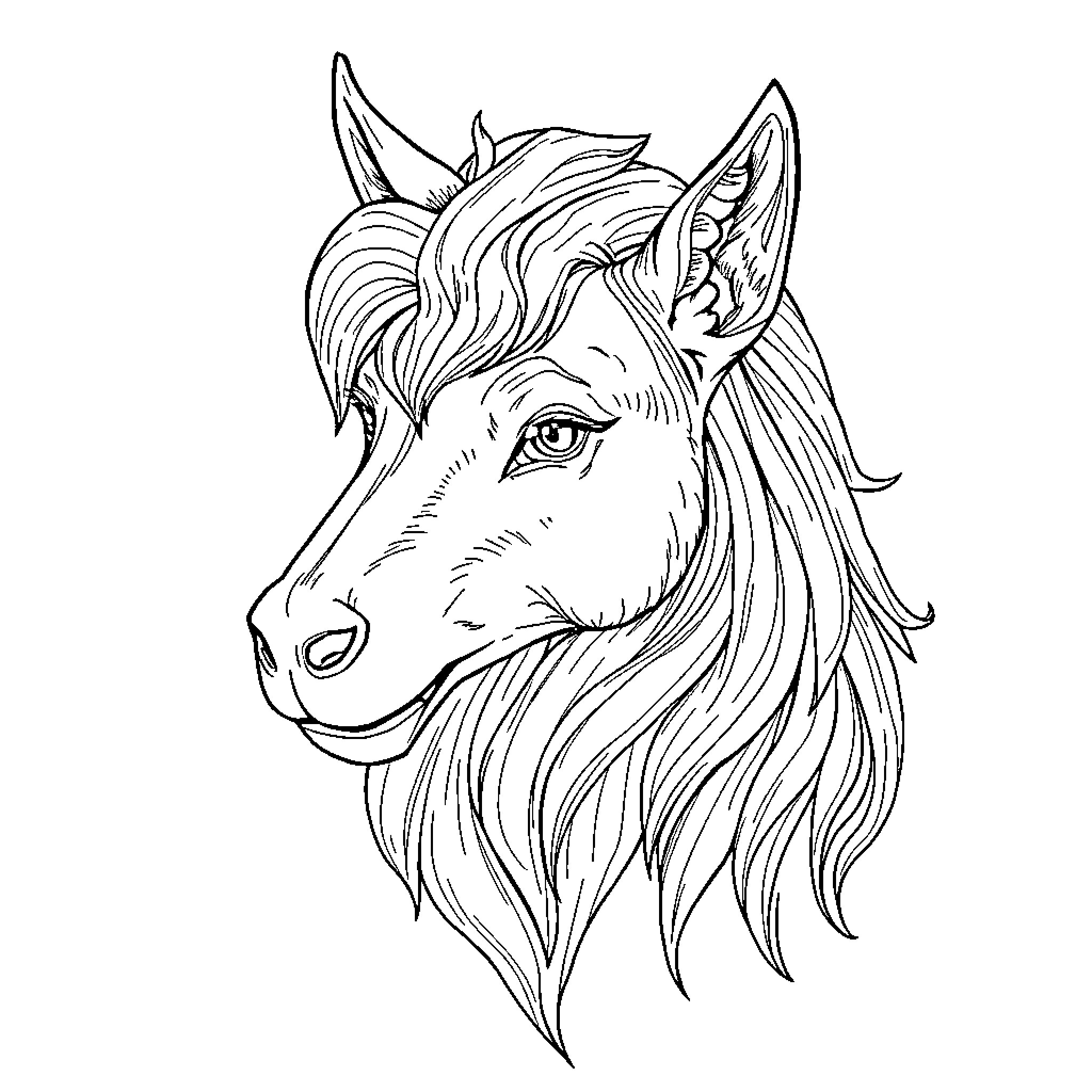 Therian unicorn with flowing mane and horns Coloring Page (free black-and-white line drawing printable PDF for all, from beginners to advanced learners, including children, teens, adults, and seniors)