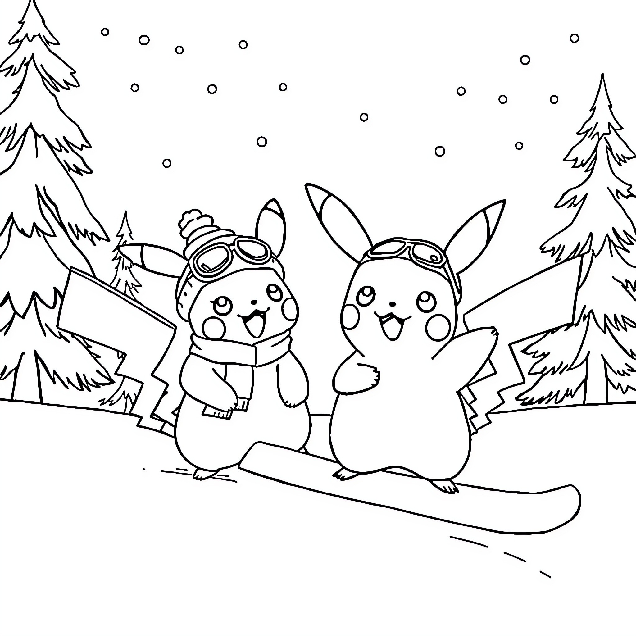 Pikachu enjoying winter sports with friends Coloring Page (free black-and-white line drawing printable PDF for all, from beginners to advanced learners, including children, teens, adults, and seniors)