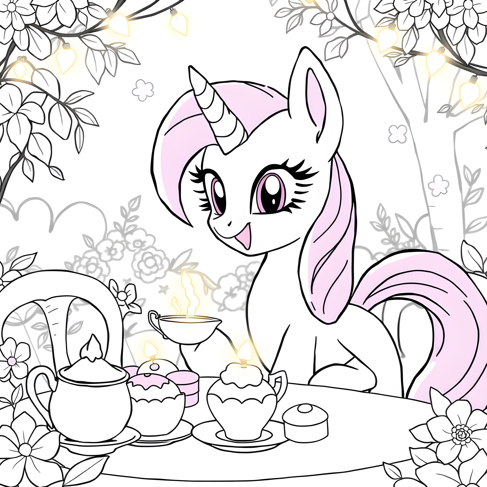 Twilight Sparkle enjoying teatime in the floral garden Coloring Page (free black-and-white line drawing printable PDF for all, from beginners to advanced learners, including children, teens, adults, and seniors)