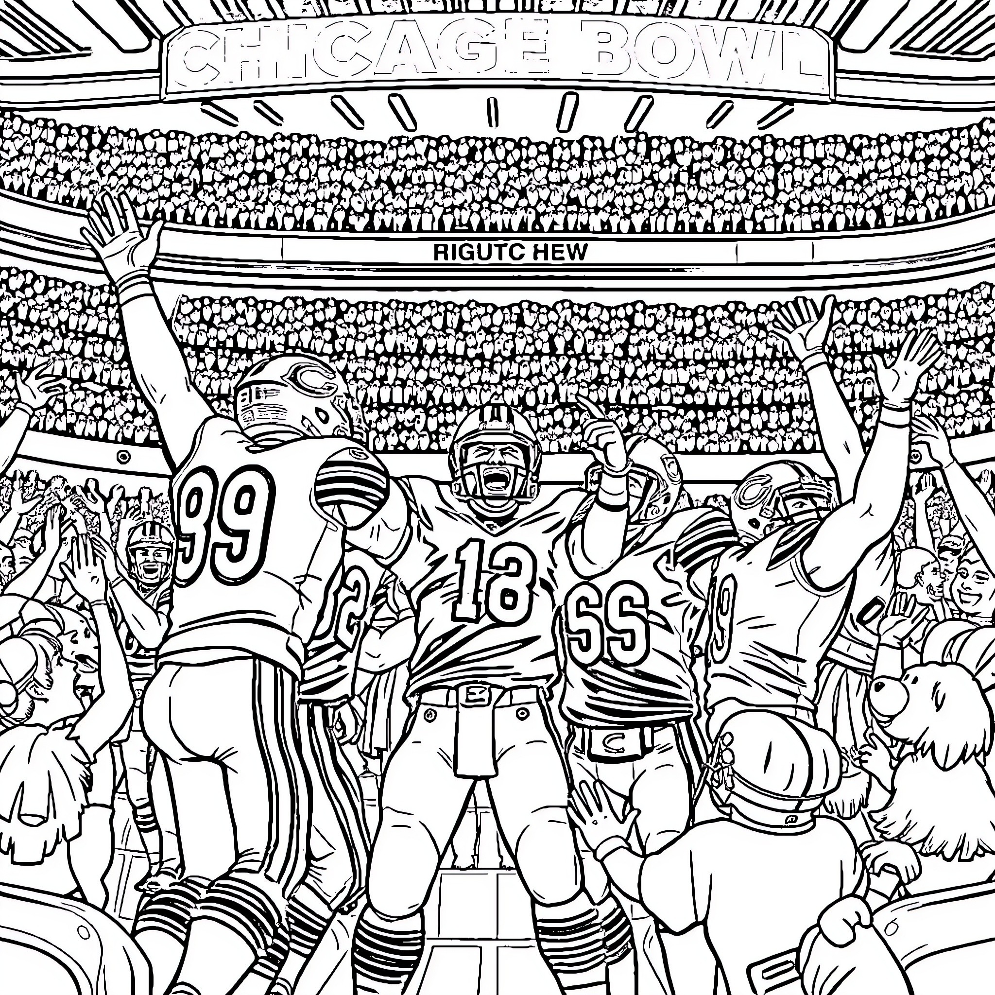 Chicago Bears players celebrating in a packed stadium Coloring Page (free black-and-white line drawing printable PDF for all, from beginners to advanced learners, including children, teens, adults, and seniors)