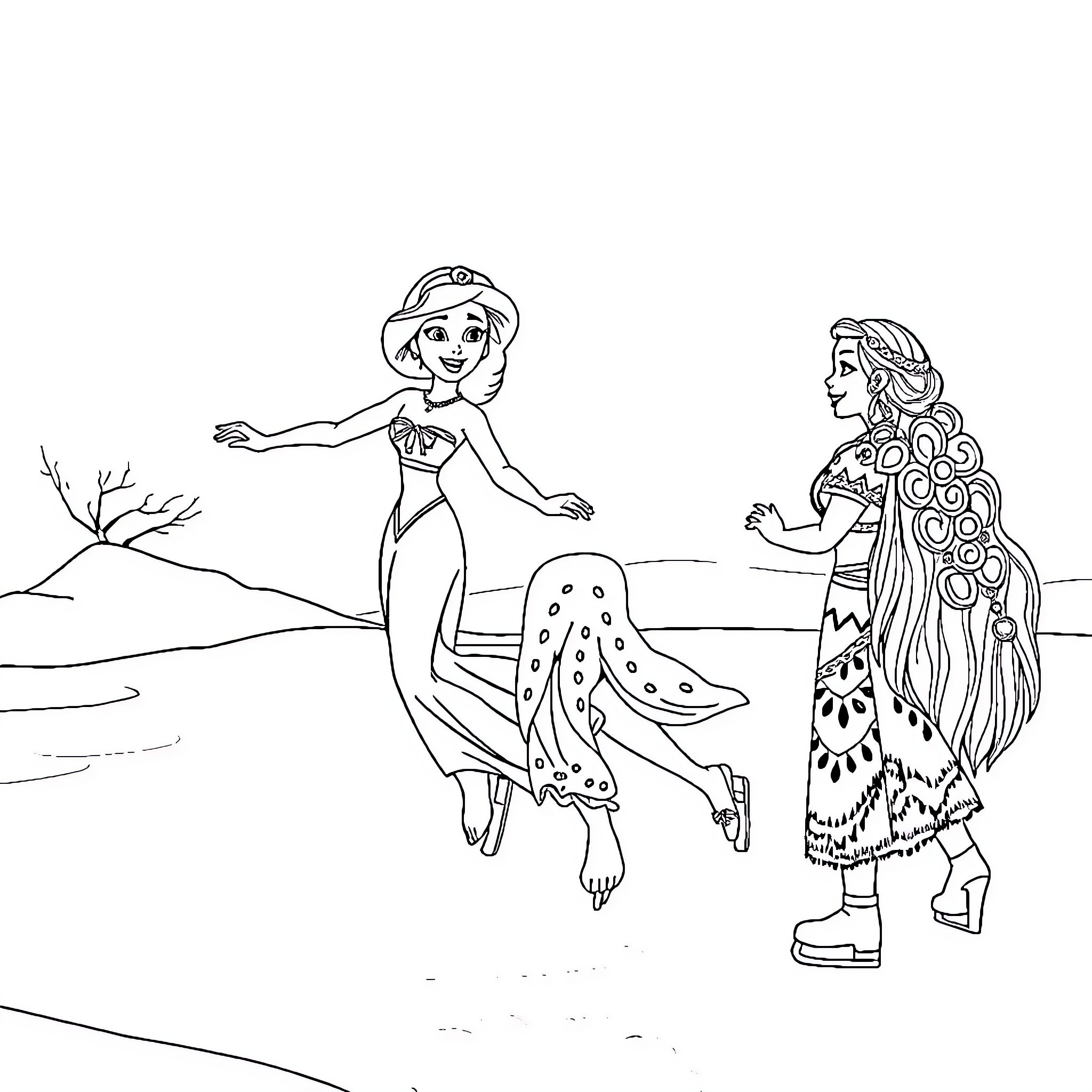 Jasmine and Aladdin in Arabian Desert Adventure Coloring Page (free black-and-white line drawing printable PDF for all, from beginners to advanced learners, including children, teens, adults, and seniors)