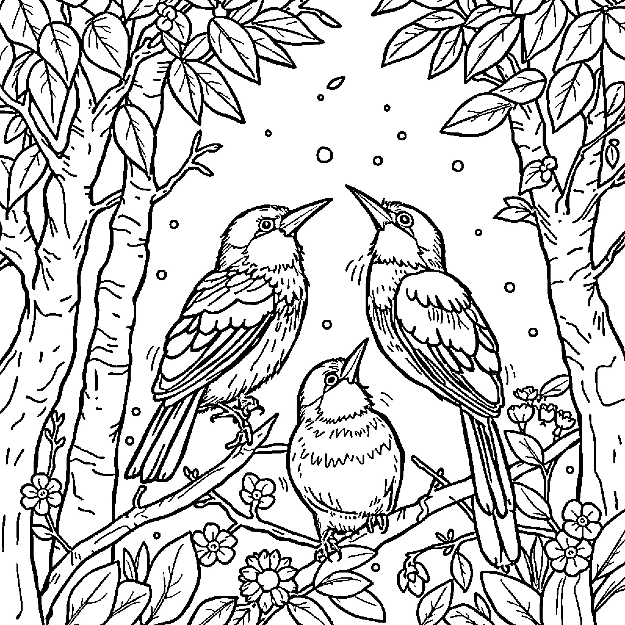 Birds in Lush Floral Scene Coloring Page (free black-and-white line drawing printable PDF for all, from beginners to advanced learners, including children, teens, adults, and seniors)