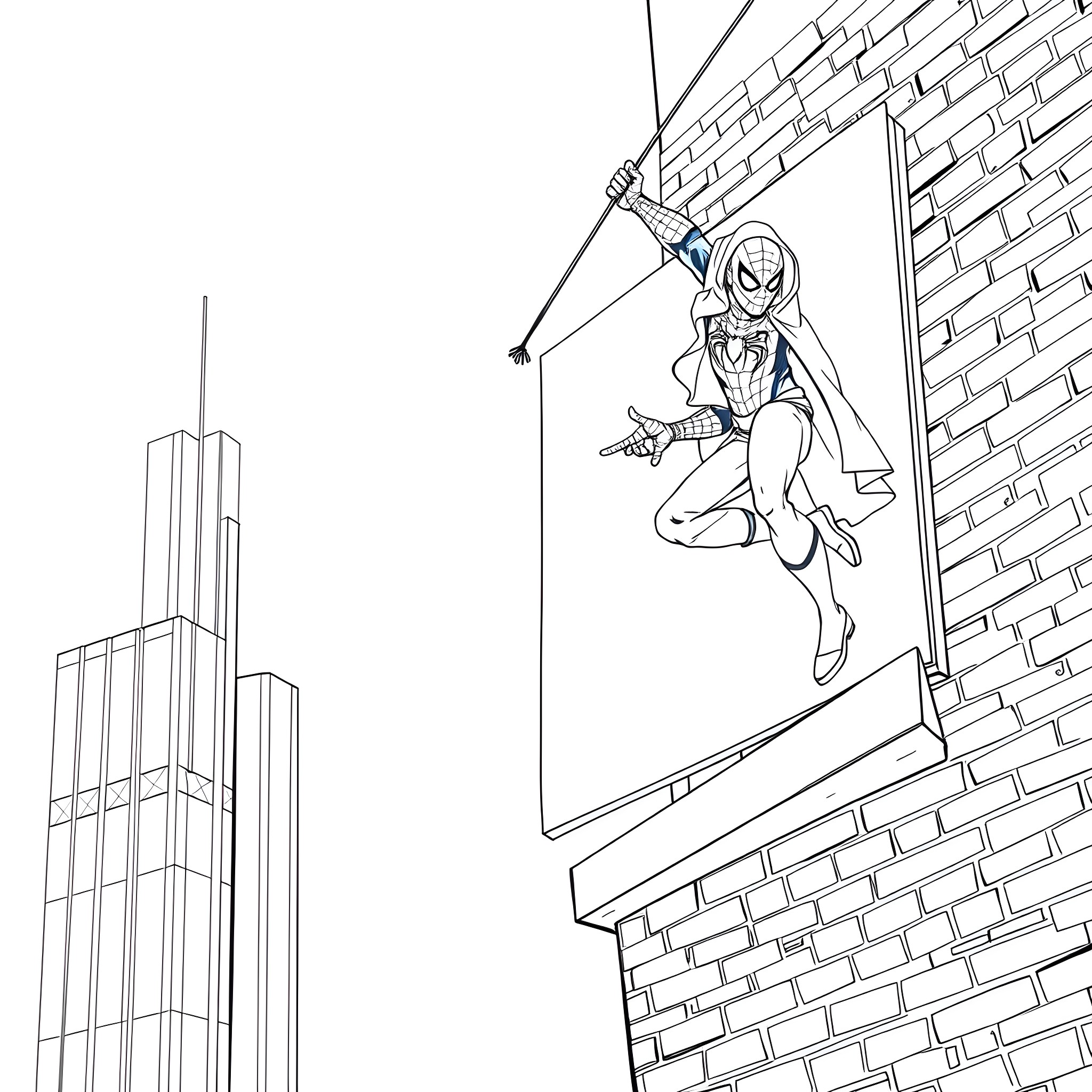 Spiderman swinging over the city skyline Coloring Page (free black-and-white line drawing printable PDF for all, from beginners to advanced learners, including children, teens, adults, and seniors)